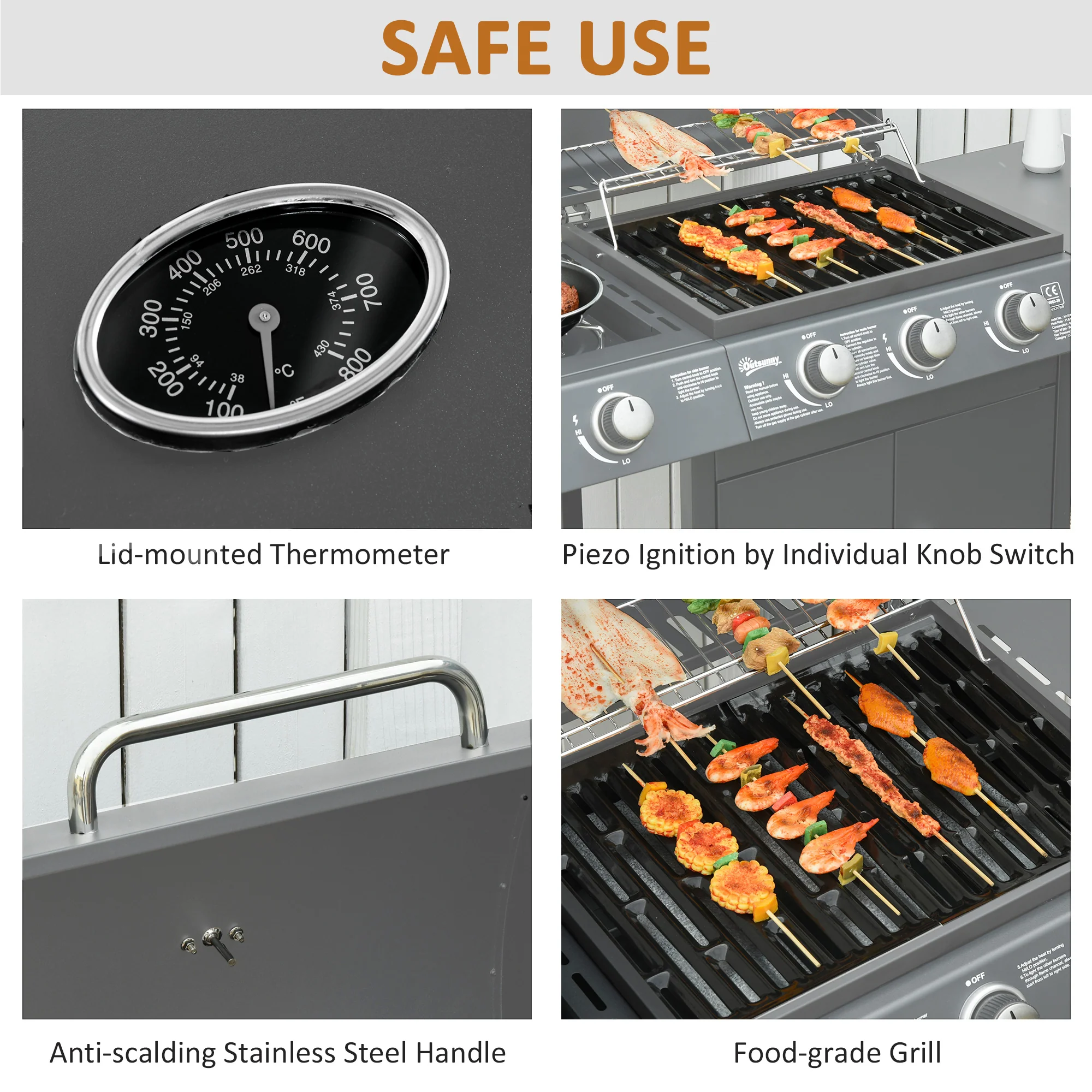 Outsunny Gas Barbecue Grill 3+1 Burner Garden BBQ W/ Large Cooking Area - Image 6
