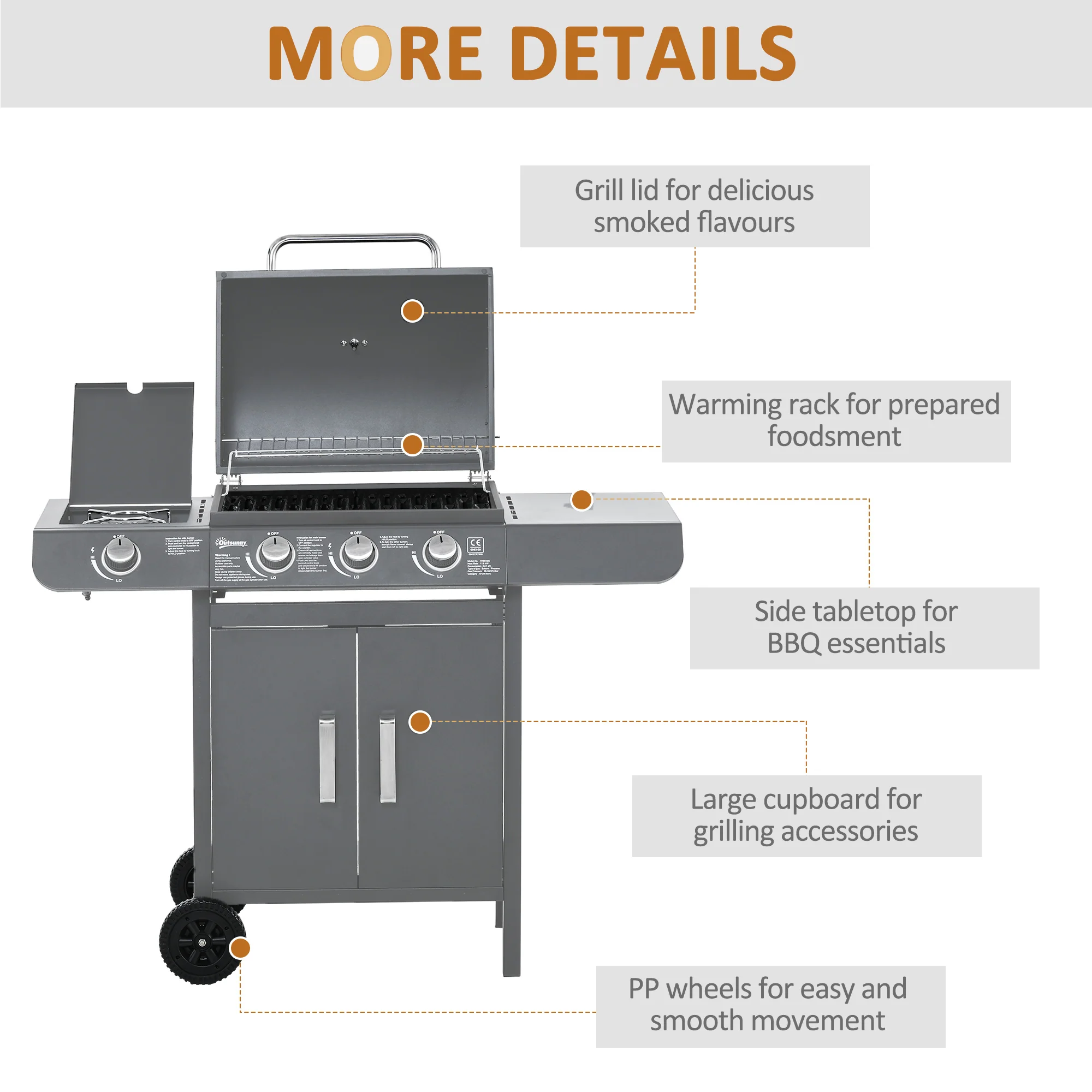Outsunny Gas Barbecue Grill 3+1 Burner Garden BBQ W/ Large Cooking Area - Image 7
