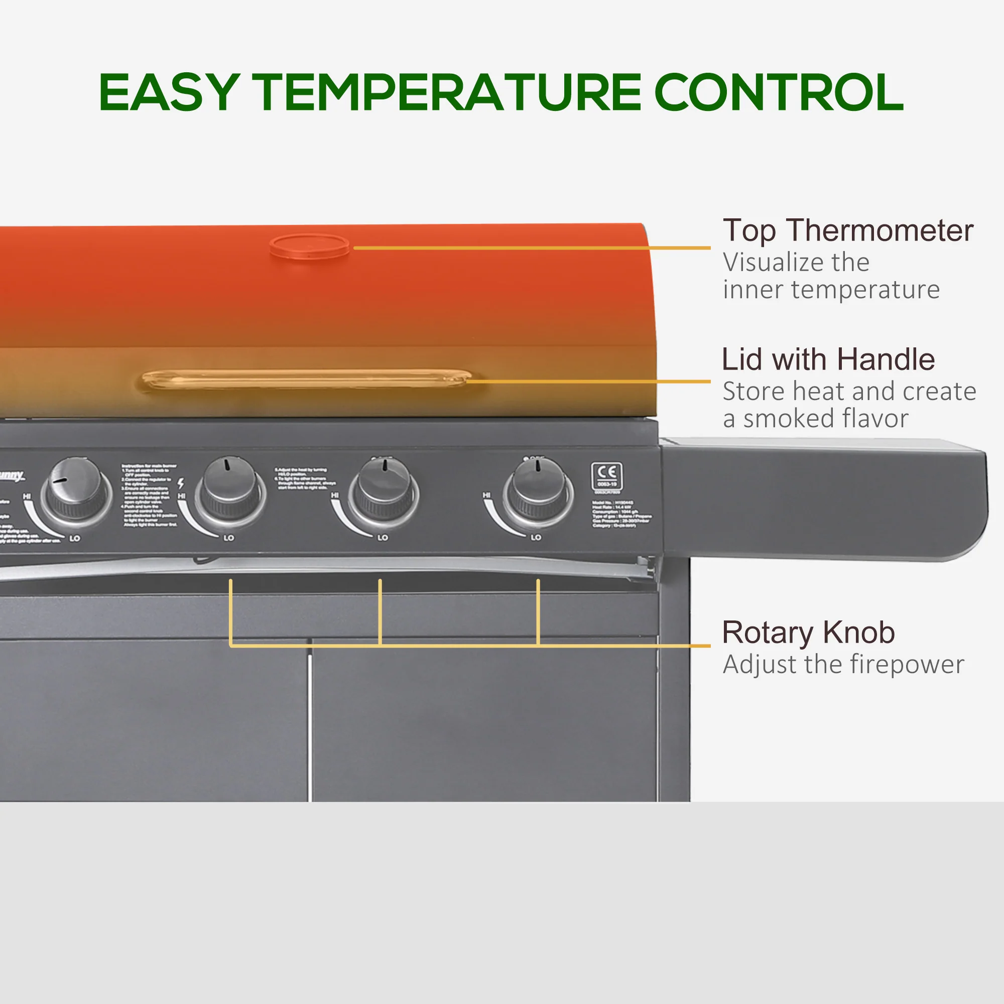 Outsunny Gas BBQ Grill 4 + 1 Stainless Steel Burner Garden Barbecue Cooker - Image 6