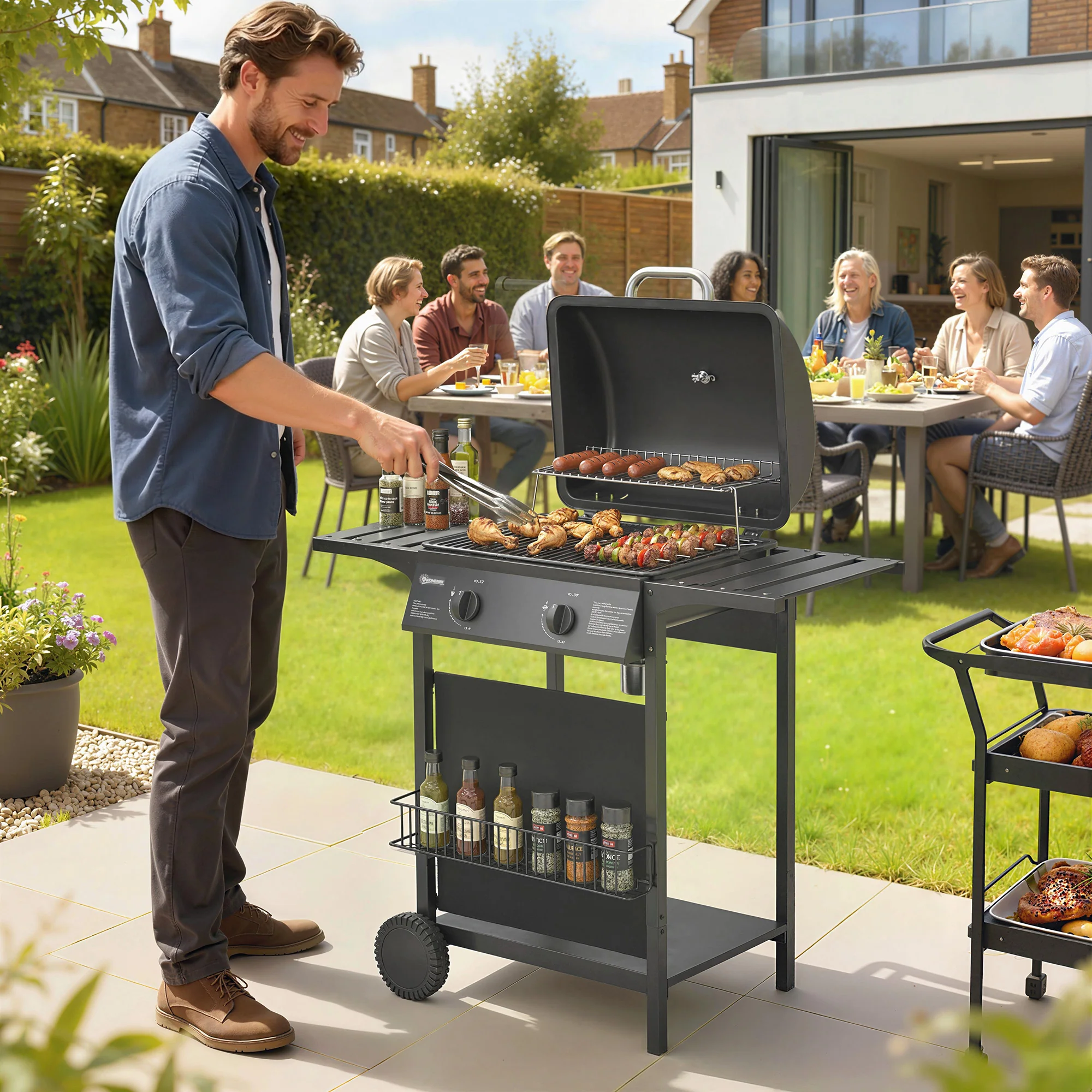 Outsunny Gas Burner Barbecue Grill, Garden BBQ Grill With Warming Rack - Image 2