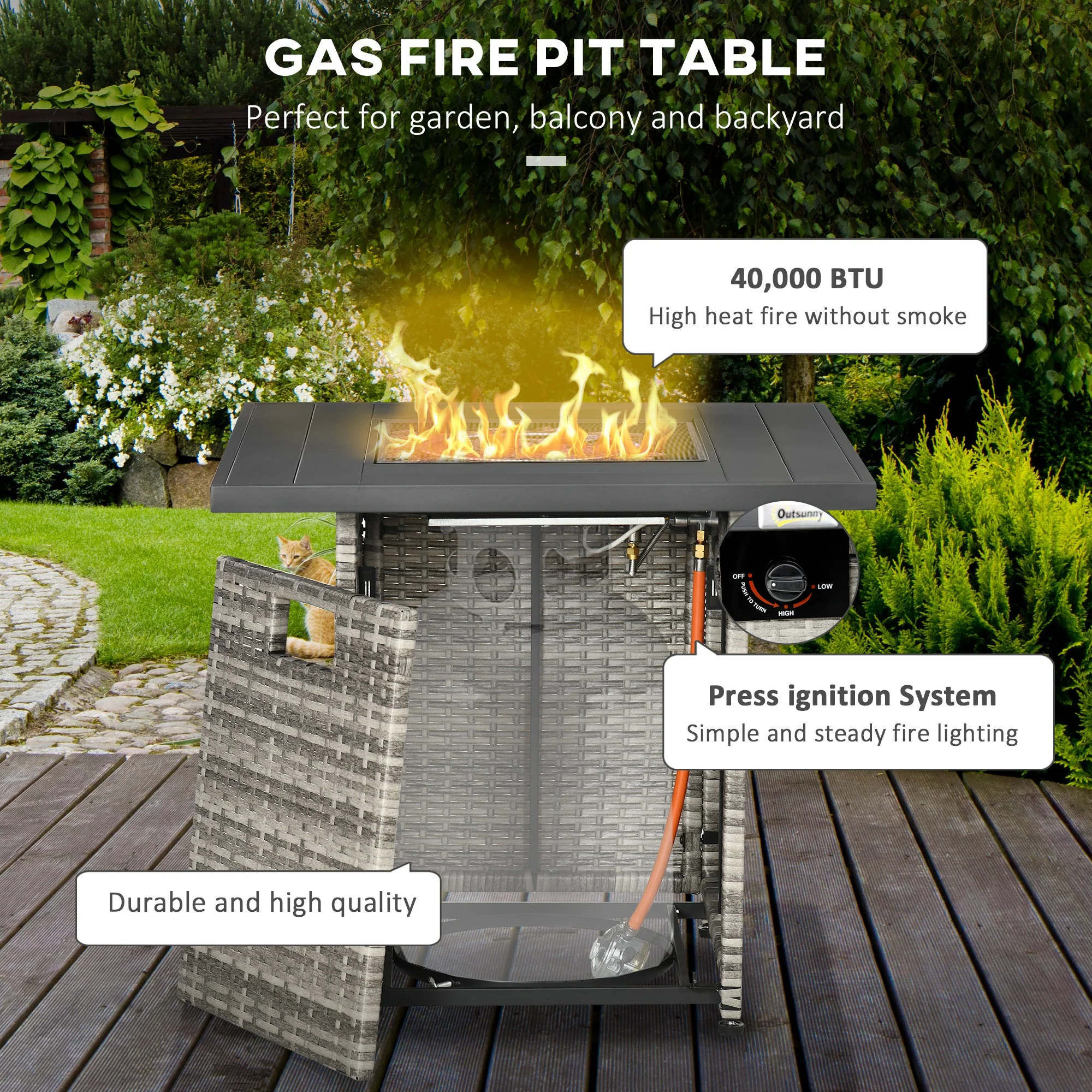 Outsunny Gas Fire Pit Table w/ Rain Cover, Mesh Lid & Lava Stone, 40,000 BTU - Image 3