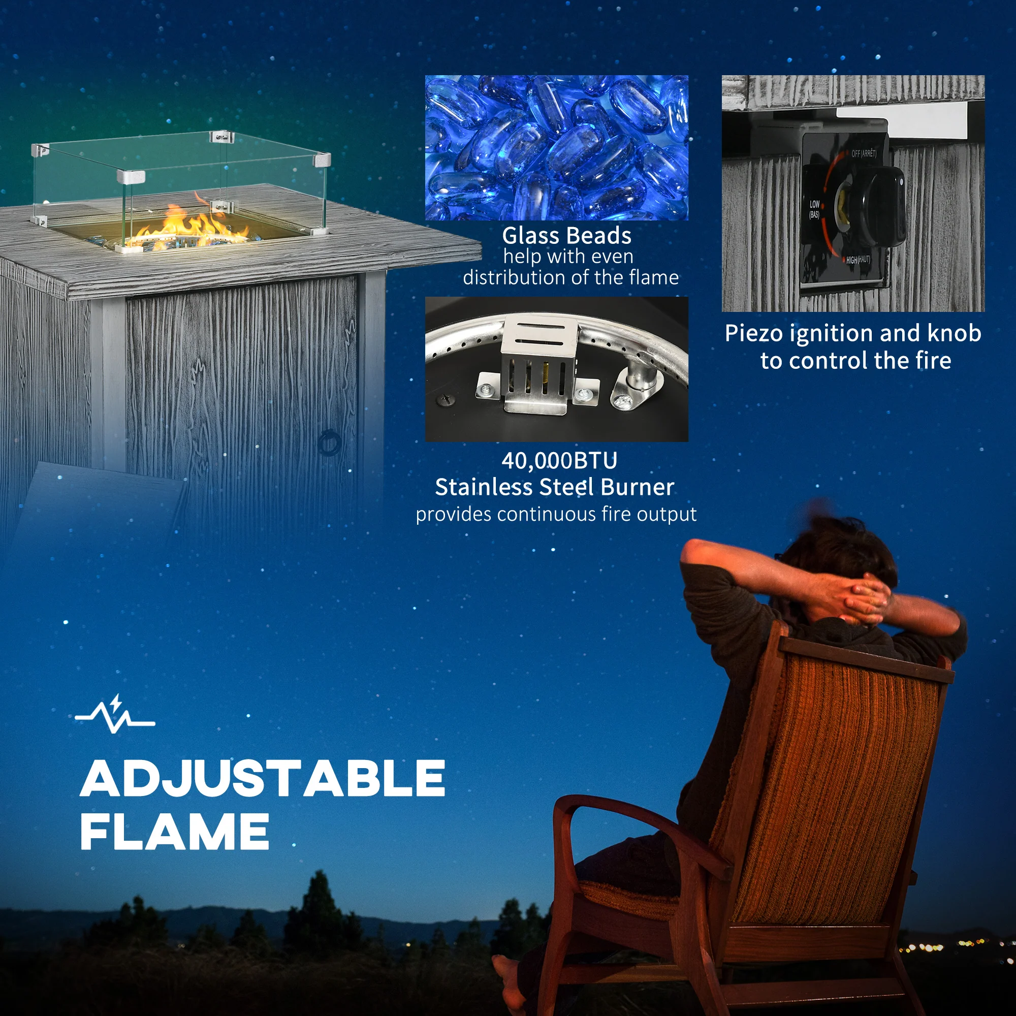 Outsunny Gas Fire Pit Table with 40,000 BTU Burner, Cover, Glass Screen, Grey - Image 4
