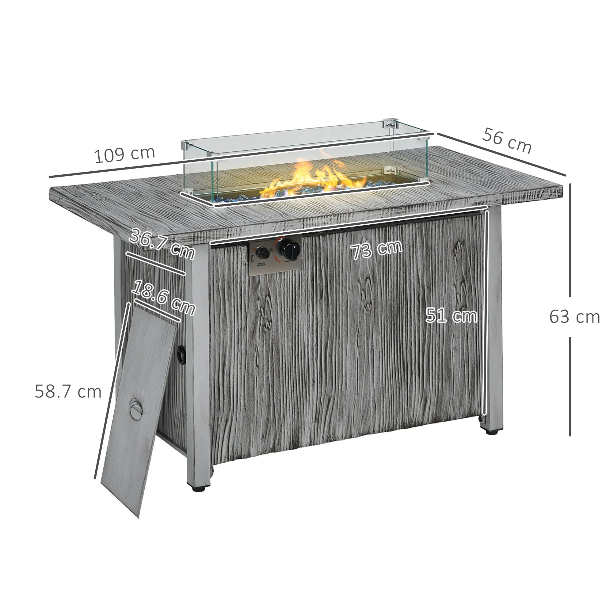 Outsunny Gas Fire Pit Table with 50,000 BTU Burner, Cover, Glass Screen, Grey - Image 5