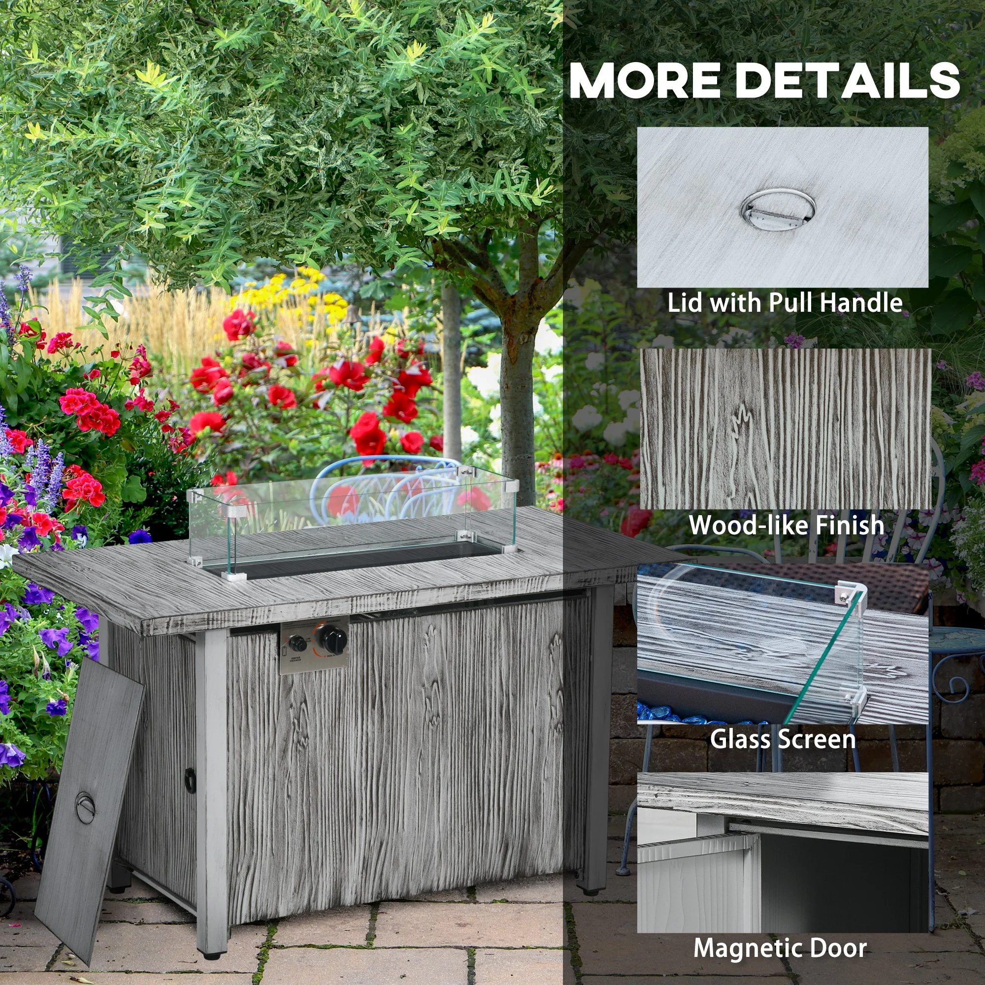 Outsunny Gas Fire Pit Table with 50,000 BTU Burner, Cover, Glass Screen, Grey - Image 8