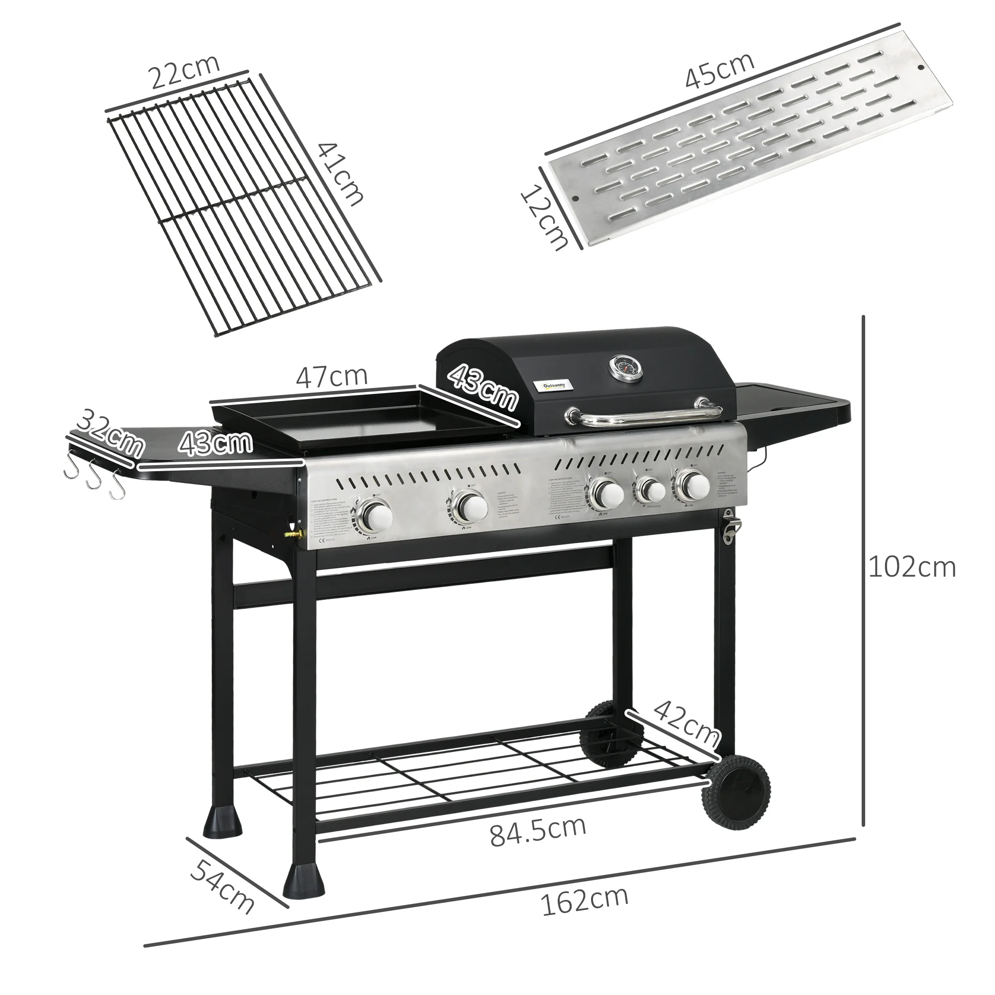 Outsunny Gas Grill and Plancha with 15 kW 4+1 Burners for Garden Party Festival - Image 5