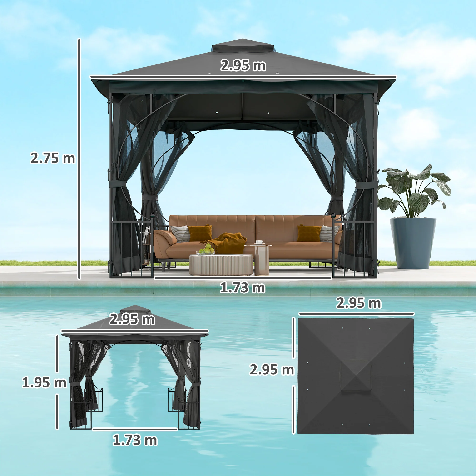 Outsunny Gazebo Party Tent Canopy Sun Shade for Patio Garden 3x3(m) - Image 5