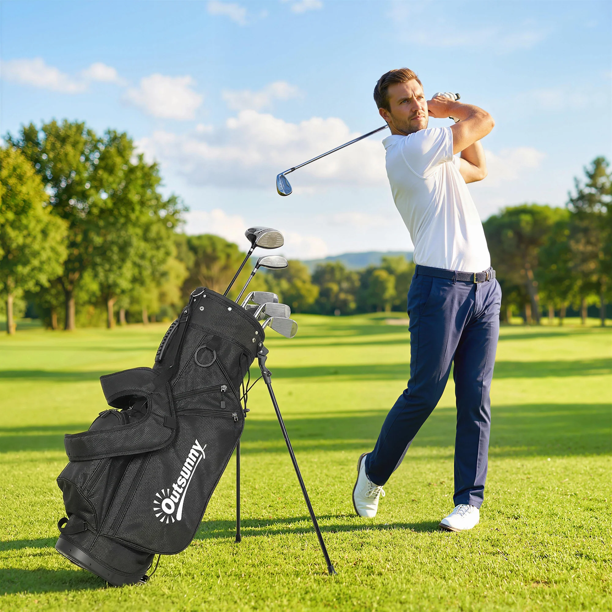 Outsunny Golf Stand Bag 6 Way Full-Length Dividers, Waterproof Golf Bag Grey - Image 2