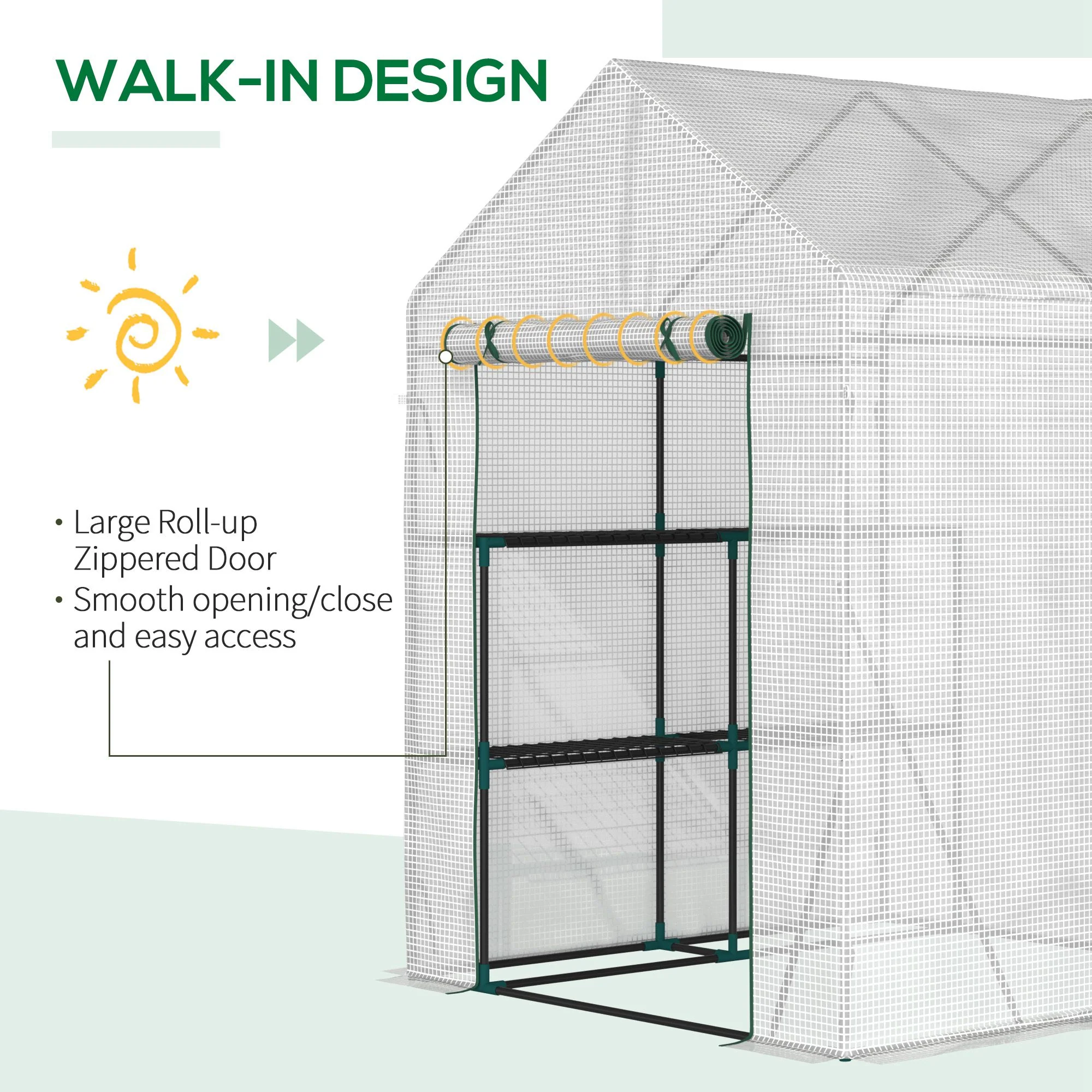 Outsunny Greenhouse for Outdoor w/ 2 Tier Shelf Roll-Up Zippered Door PE Cover Green - Image 4