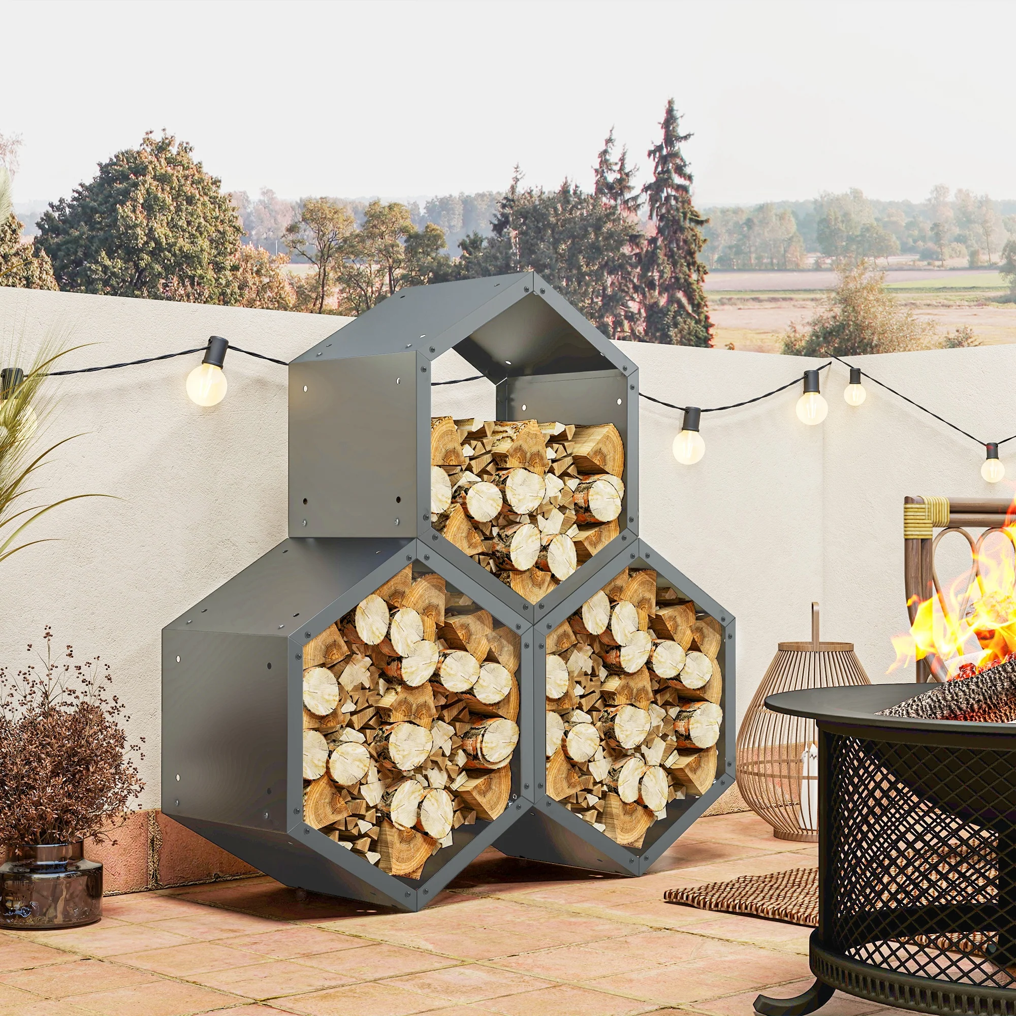 Outsunny Grey steel Firewood Log Rack Fireplace Log Holder for Indoor Outdoor - Image 2