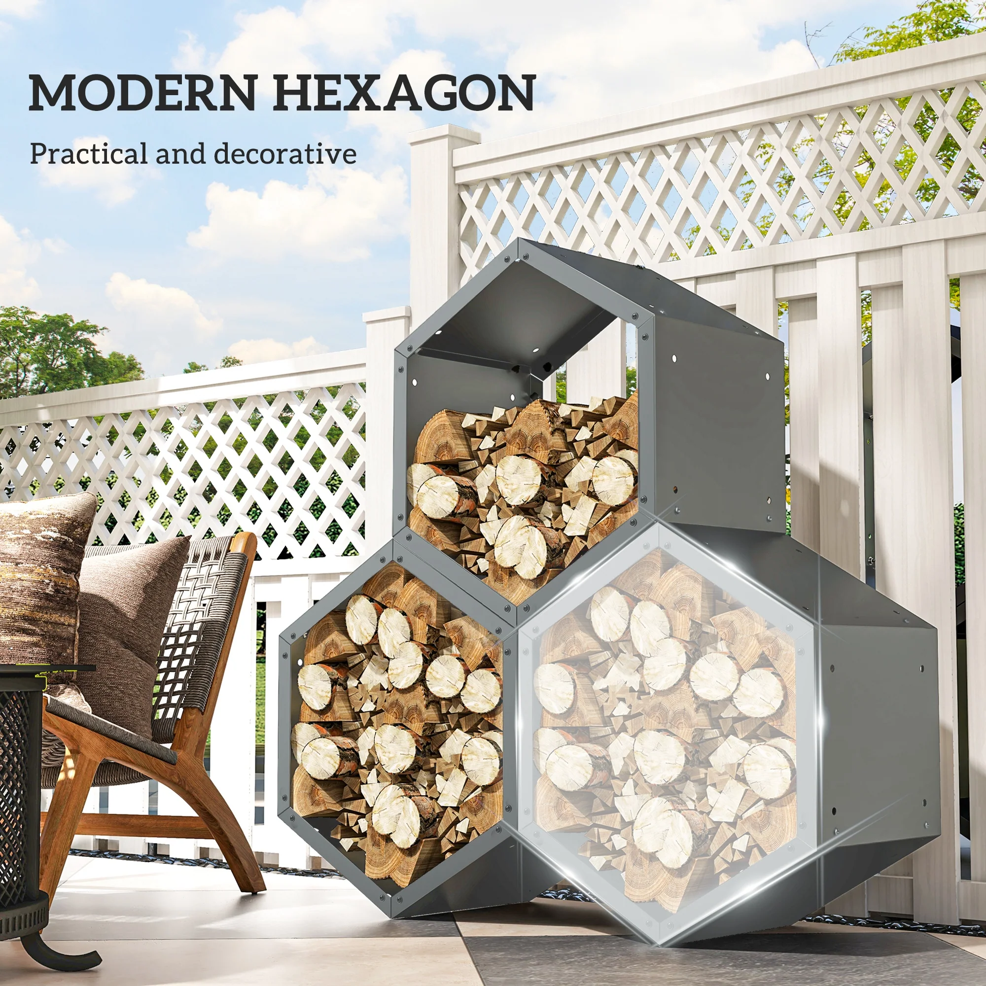Outsunny Grey steel Firewood Log Rack Fireplace Log Holder for Indoor Outdoor - Image 3