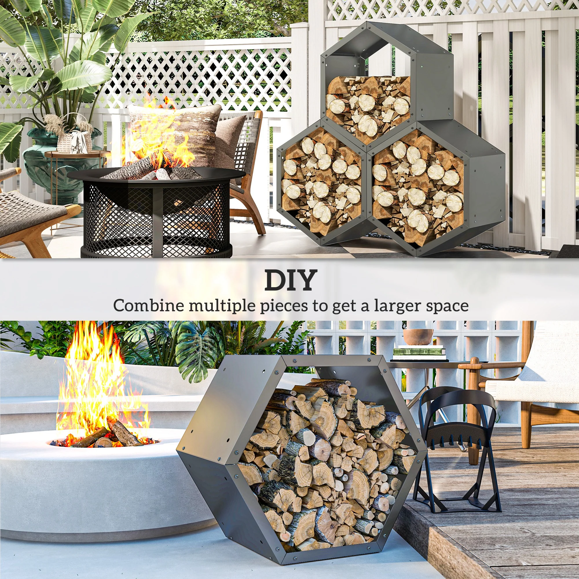 Outsunny Grey steel Firewood Log Rack Fireplace Log Holder for Indoor Outdoor - Image 6