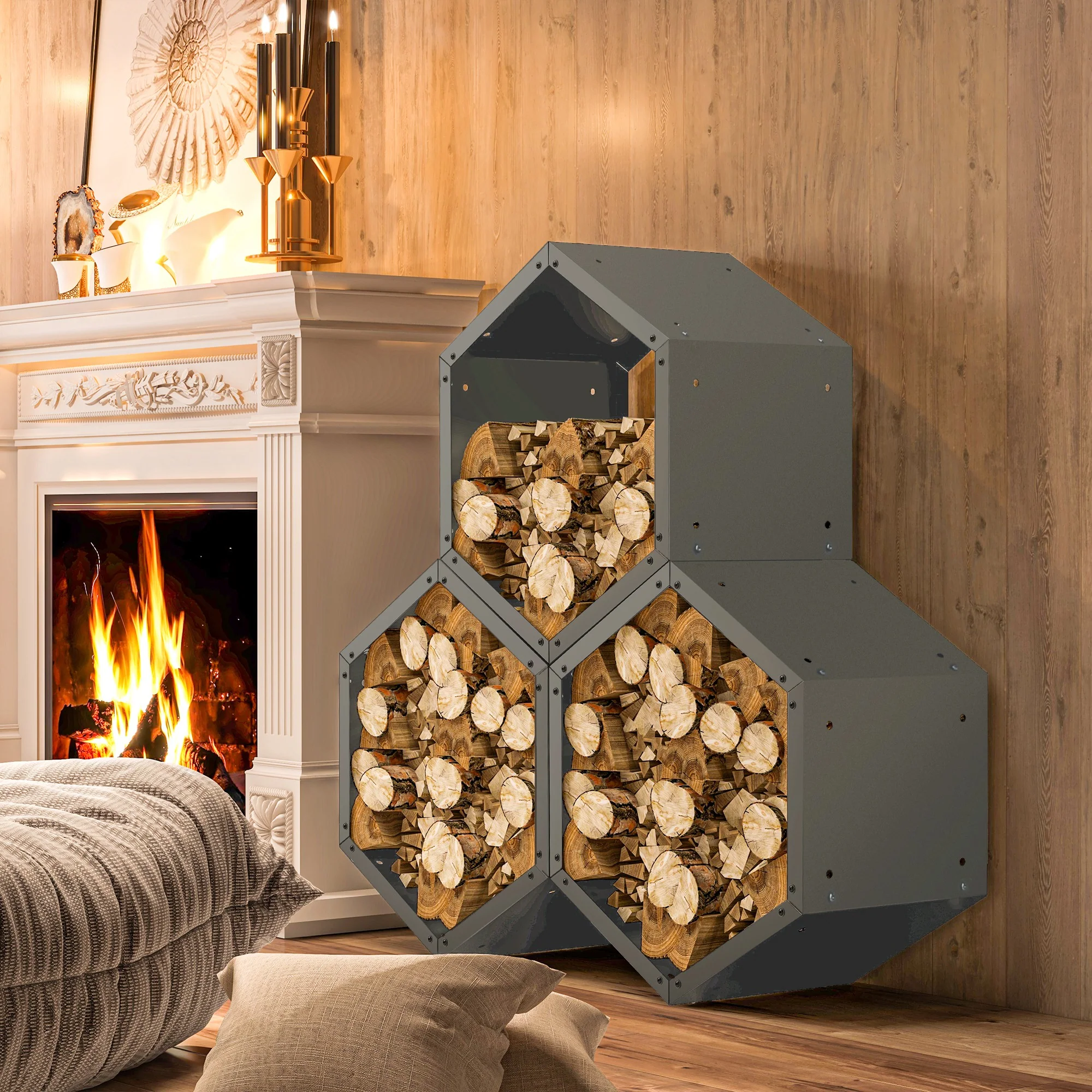 Outsunny Grey steel Firewood Log Rack Fireplace Log Holder for Indoor Outdoor - Image 7