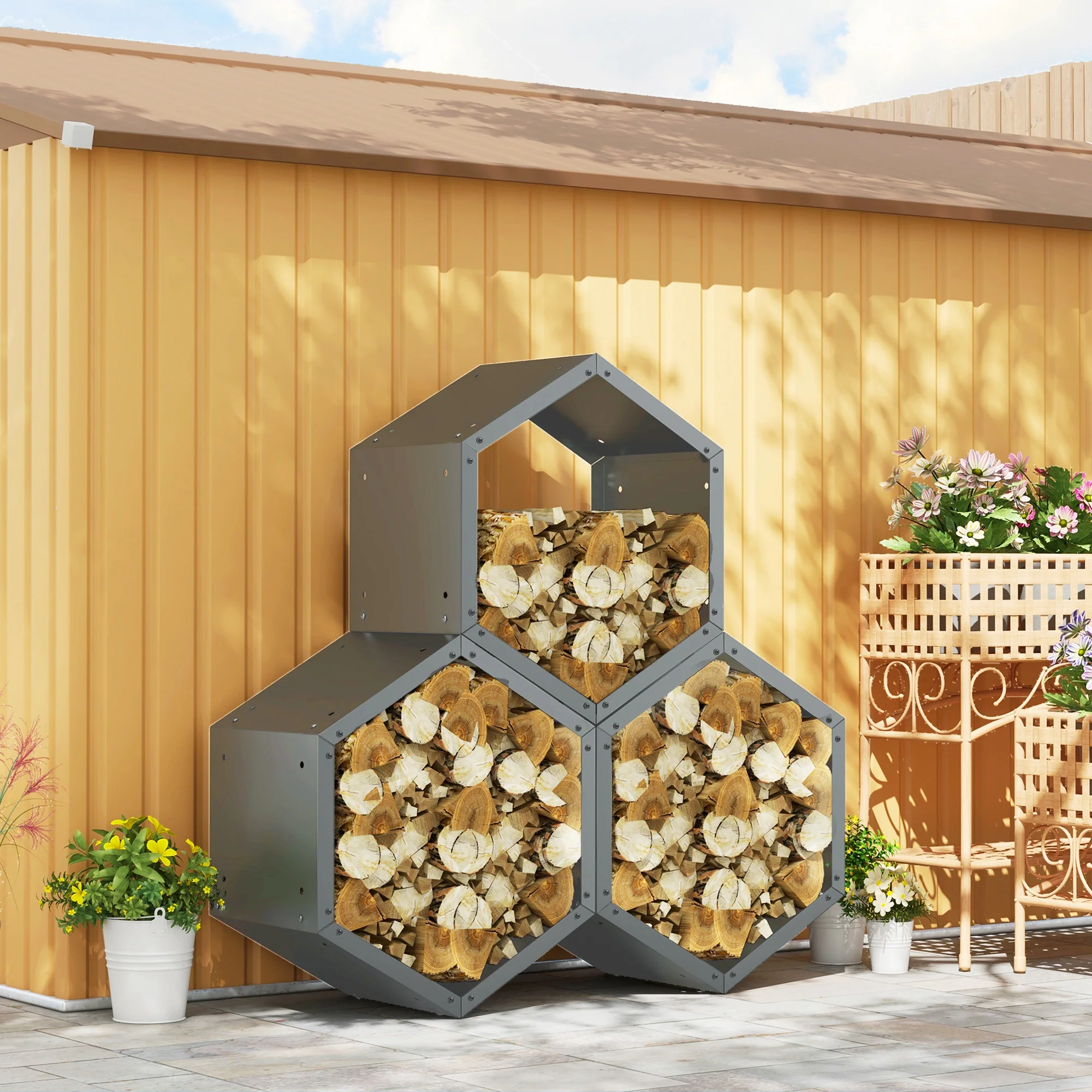 Outsunny Grey steel Firewood Log Rack Fireplace Log Holder for Indoor Outdoor - Image 8