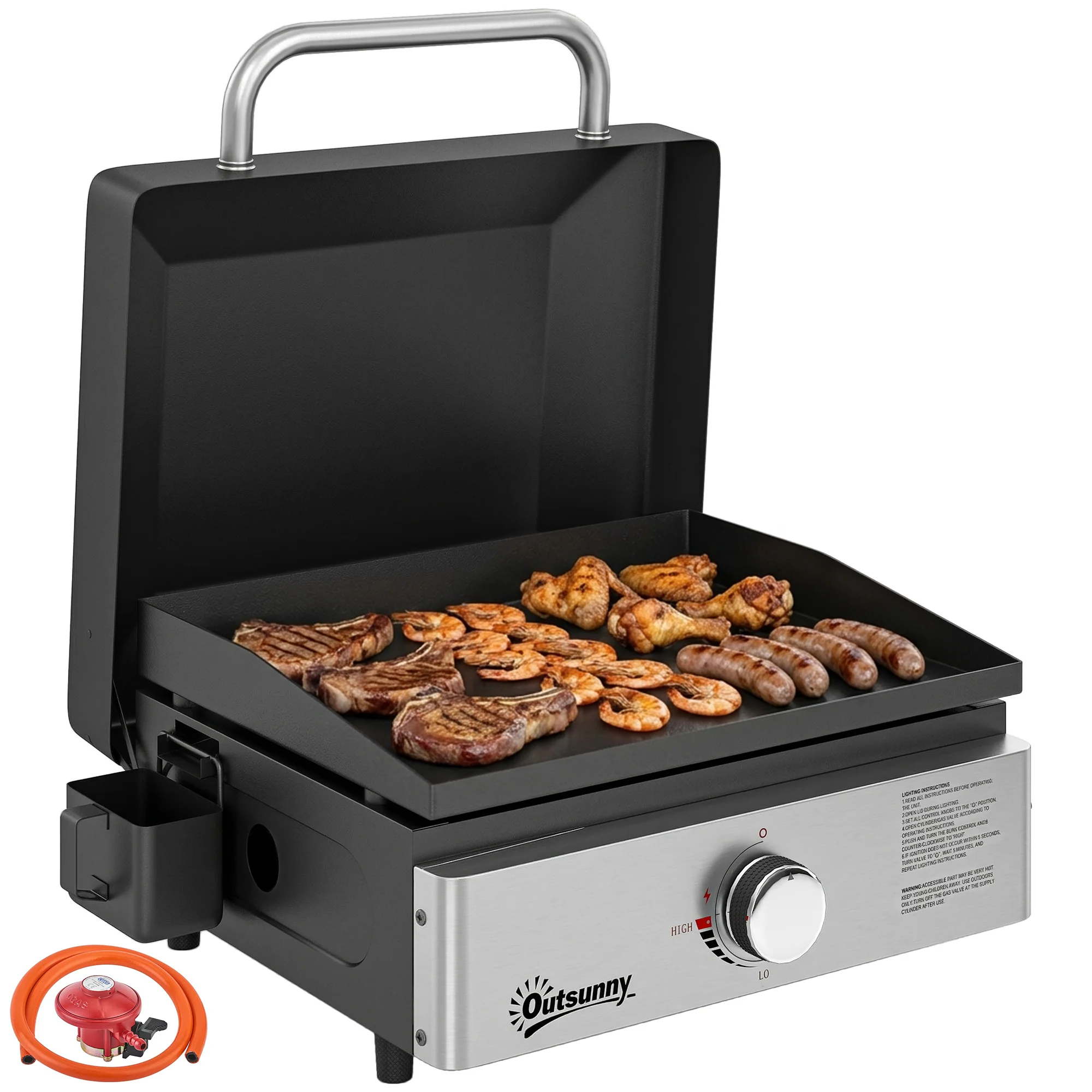 Outsunny Grill Griddle, Tabletop Gas BBQ With Grease Cup, Black