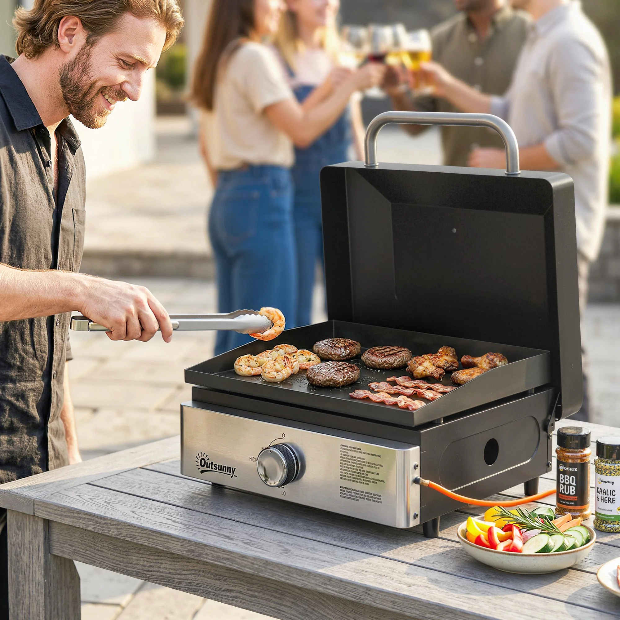 Outsunny Grill Griddle, Tabletop Gas BBQ With Grease Cup, Black - Image 2