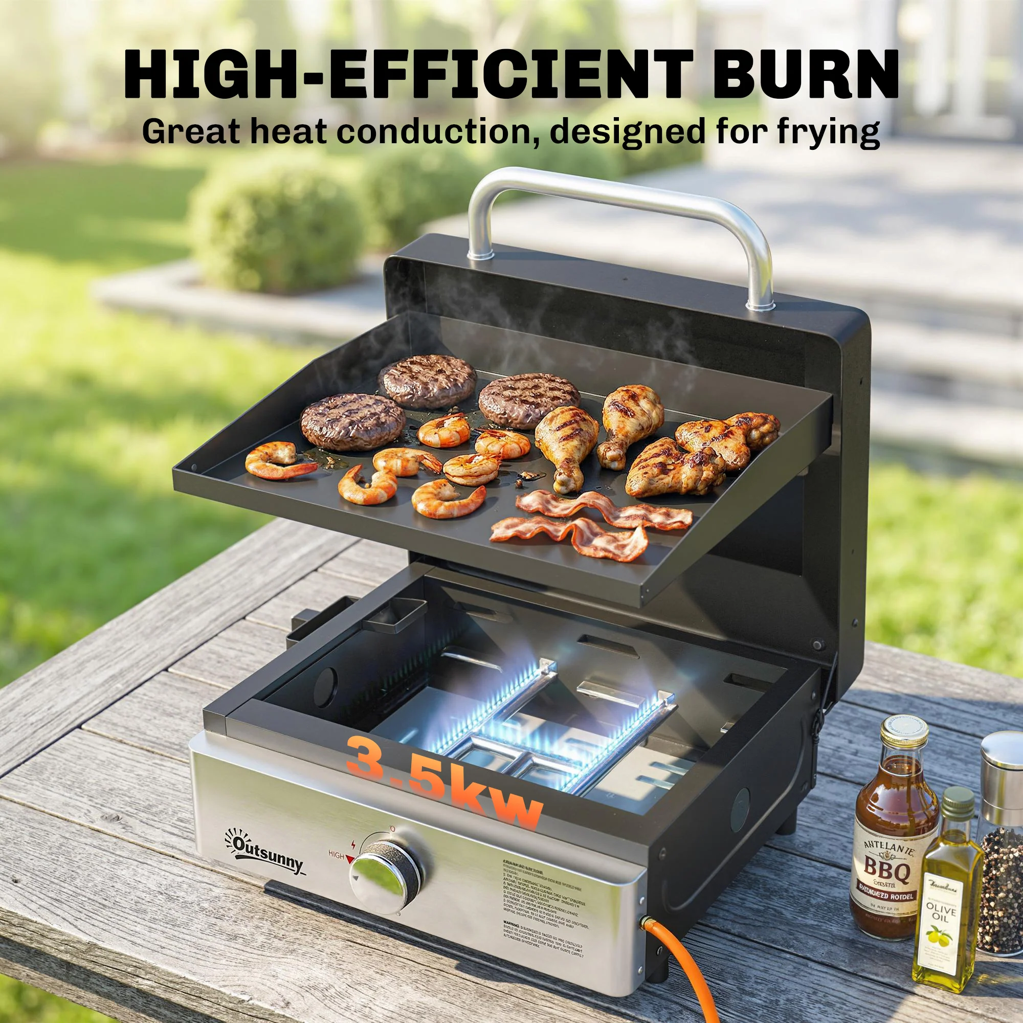 Outsunny Grill Griddle, Tabletop Gas BBQ With Grease Cup, Black - Image 3