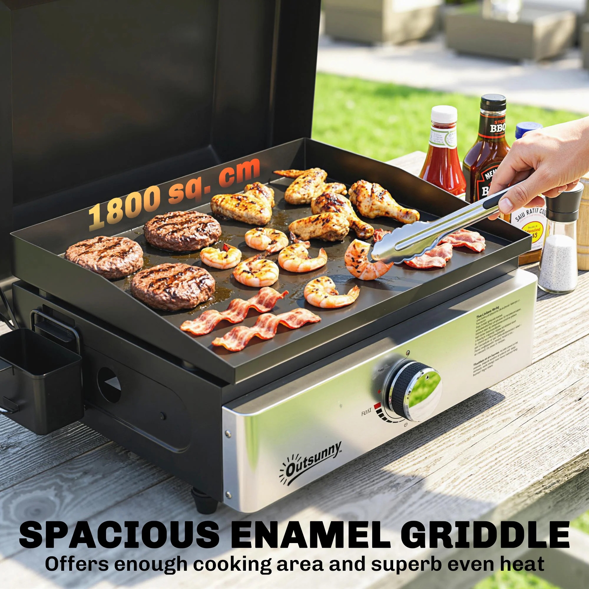 Outsunny Grill Griddle, Tabletop Gas BBQ With Grease Cup, Black - Image 4