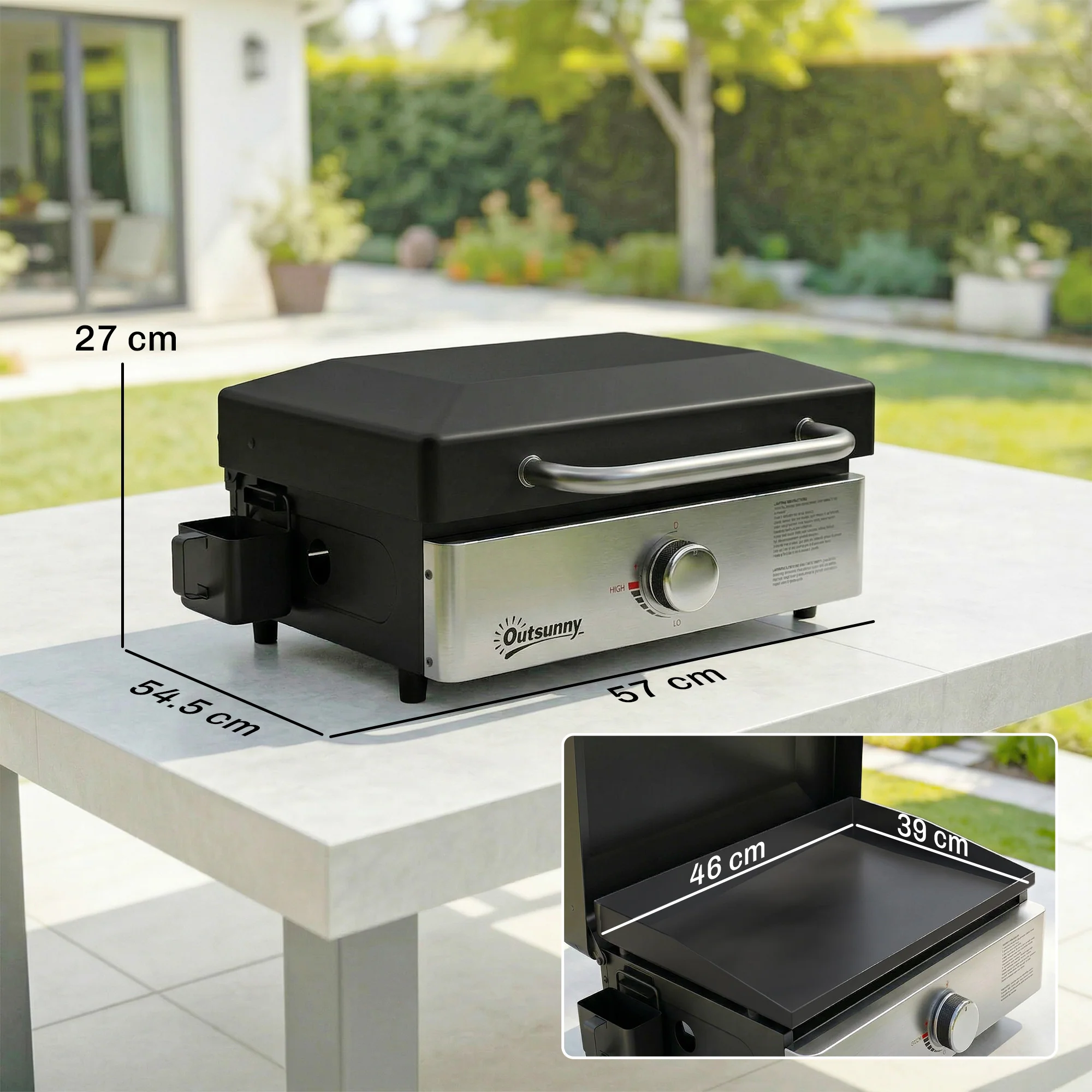 Outsunny Grill Griddle, Tabletop Gas BBQ With Grease Cup, Black - Image 5