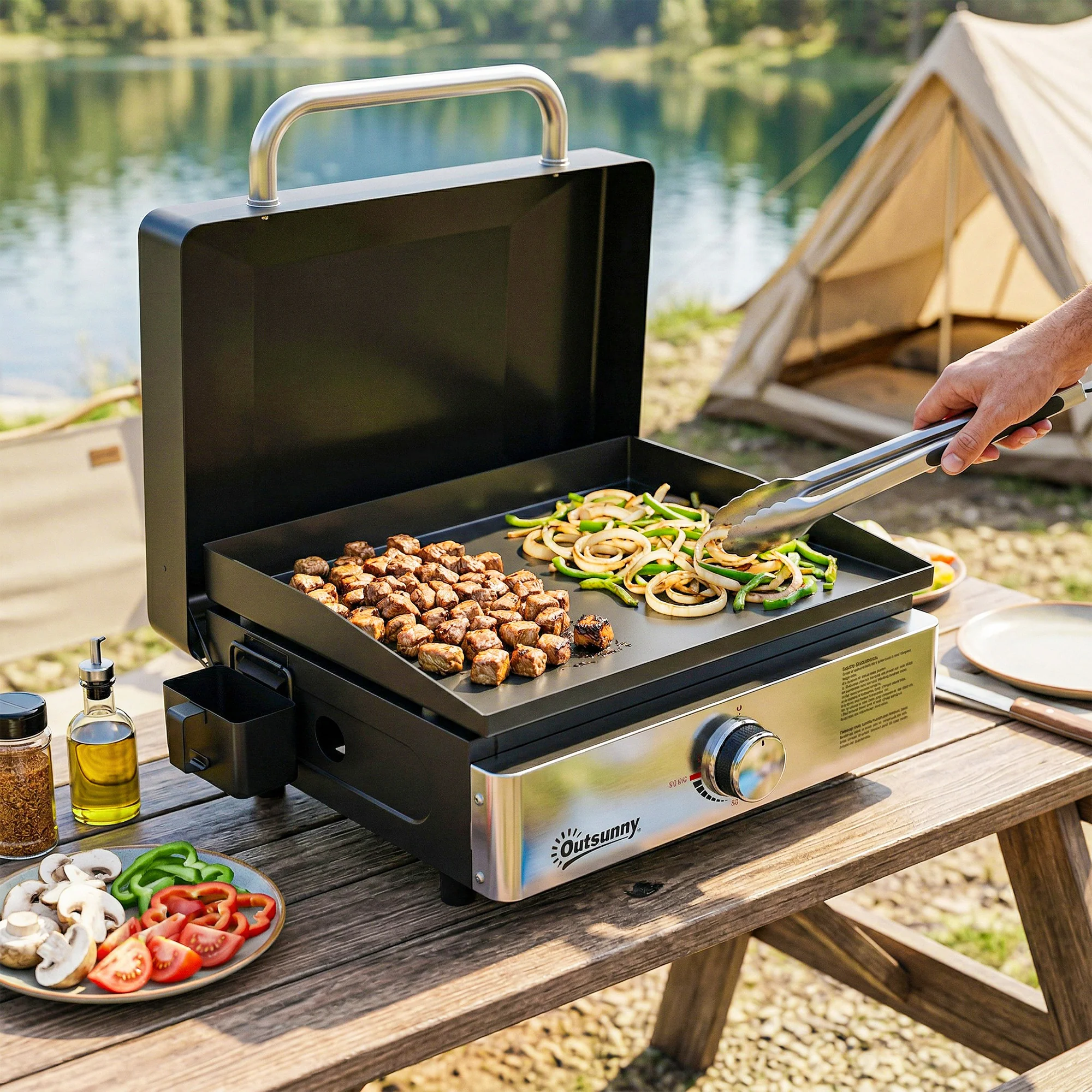 Outsunny Grill Griddle, Tabletop Gas BBQ With Grease Cup, Black - Image 8