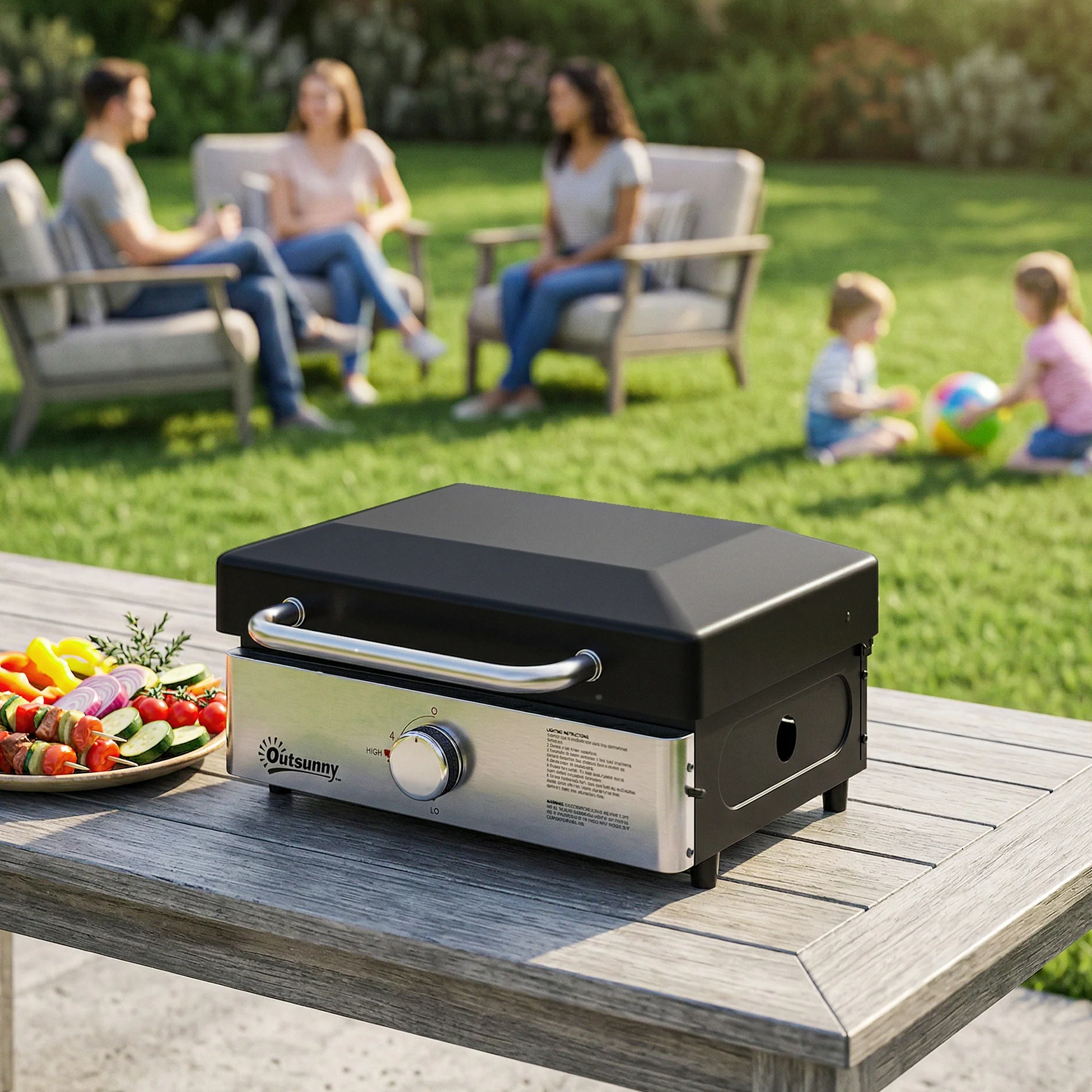 Outsunny Grill Griddle, Tabletop Gas BBQ With Grease Cup, Black - Image 9