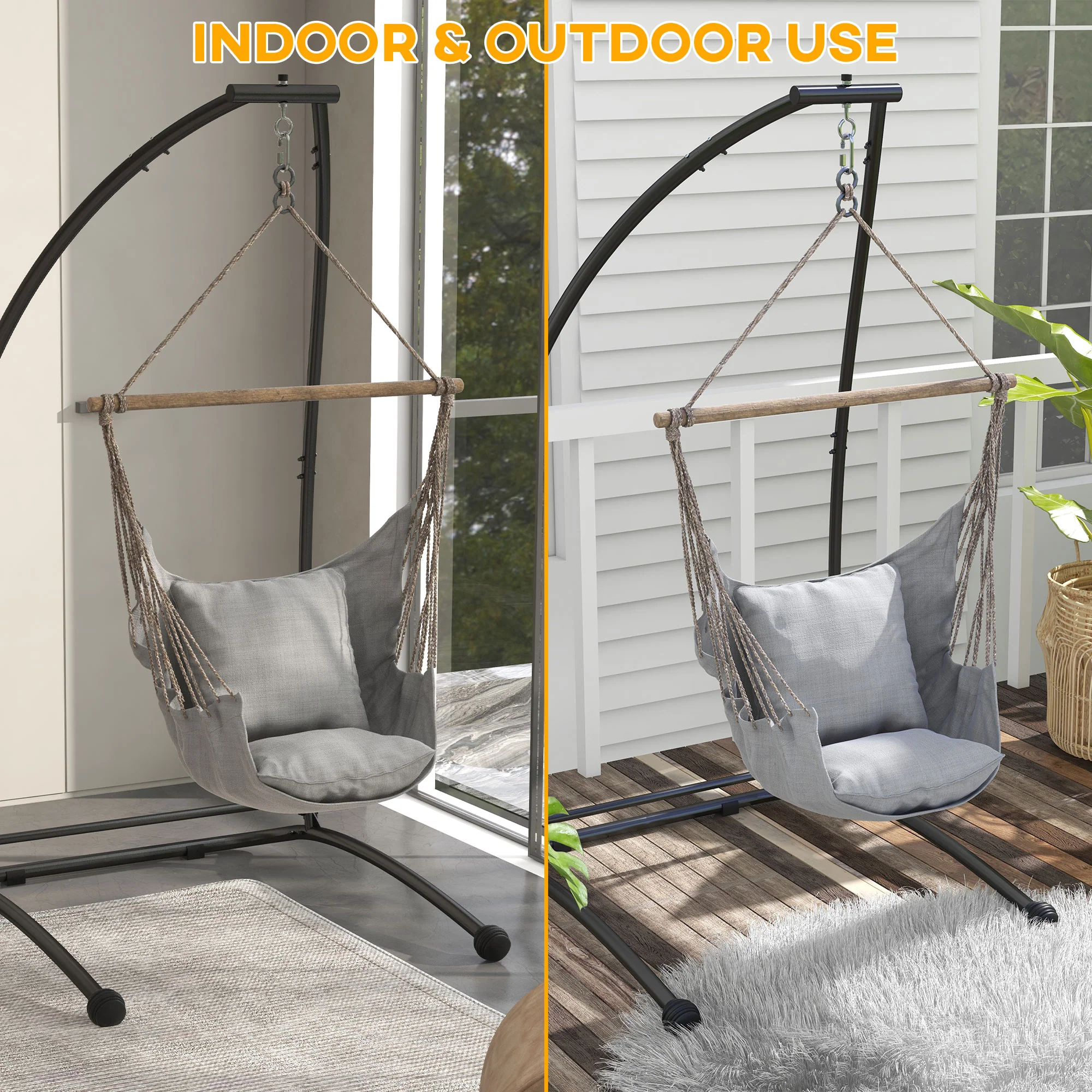 Outsunny Hammock Chair Stand with Metal Frame C Shape Hammock Stand Only, Black - Image 4