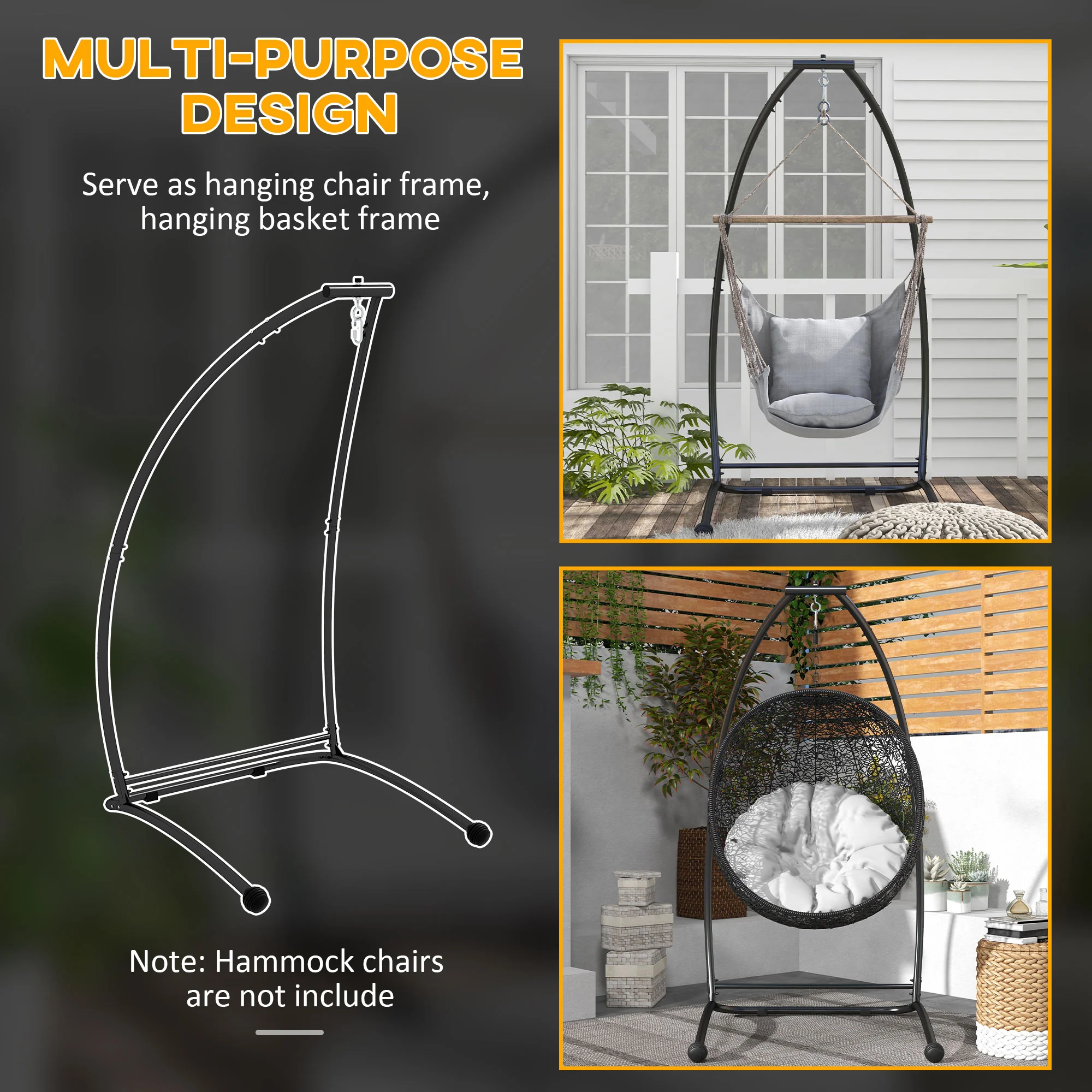 Outsunny Hammock Chair Stand with Metal Frame C Shape Hammock Stand Only, Black - Image 6