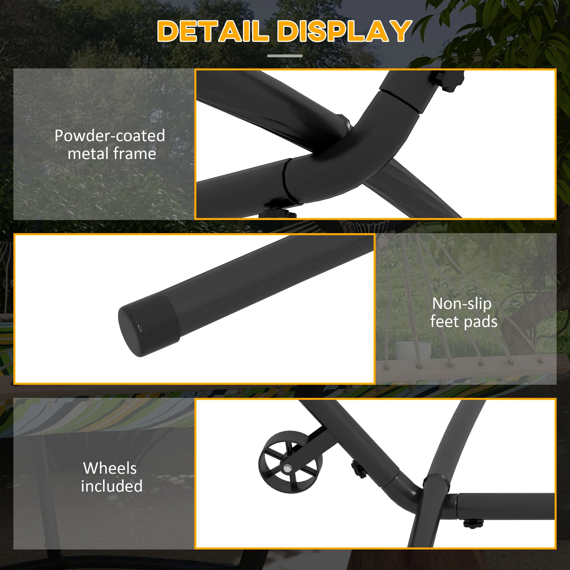 Outsunny Hammock Stand w/ Wheels, Adjustable Hammock Stand w/ Carry Bag, Black - Image 6