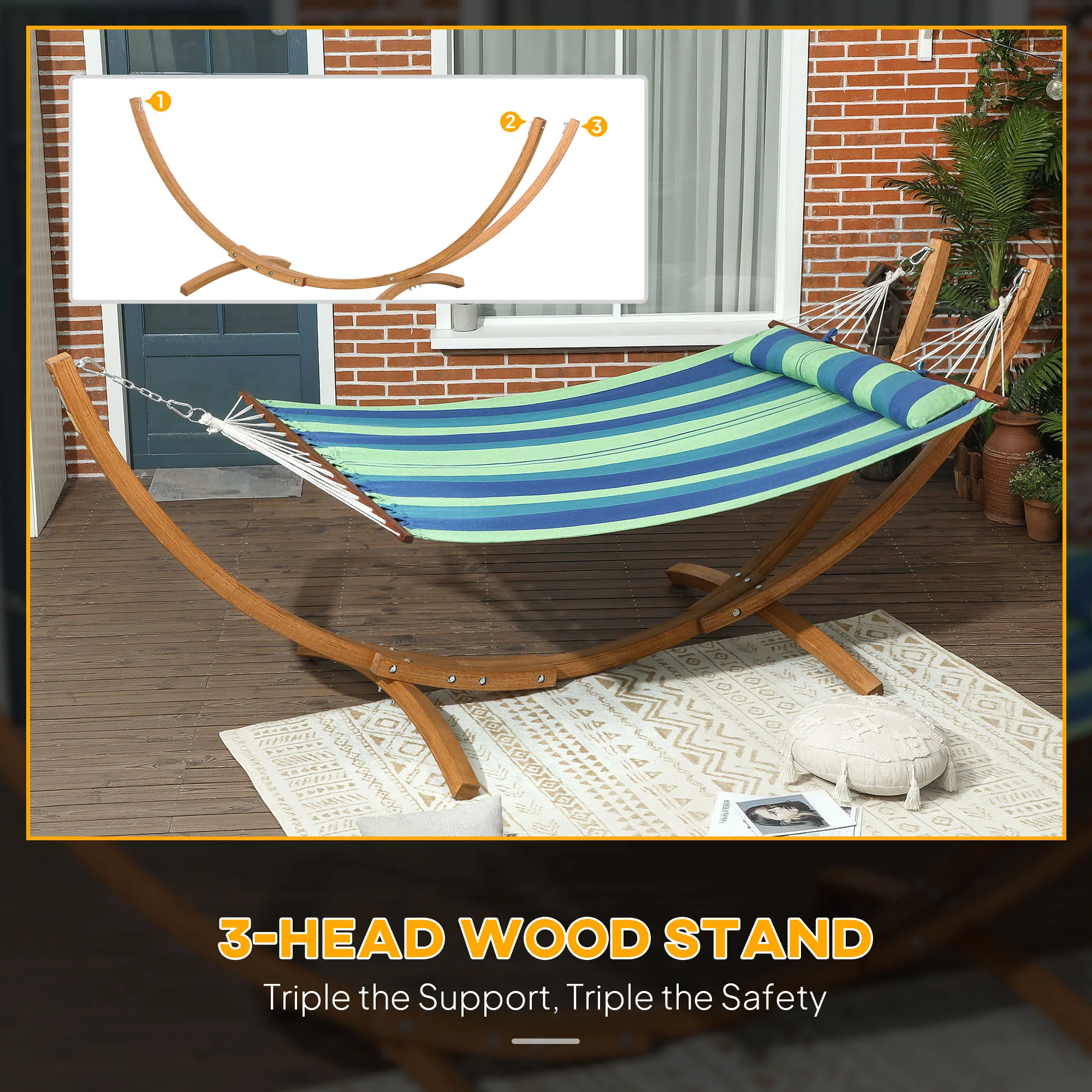 Outsunny Hammock with Stand, Triple-Head Wood Hammock with Cotton Bed, Blue - Image 3