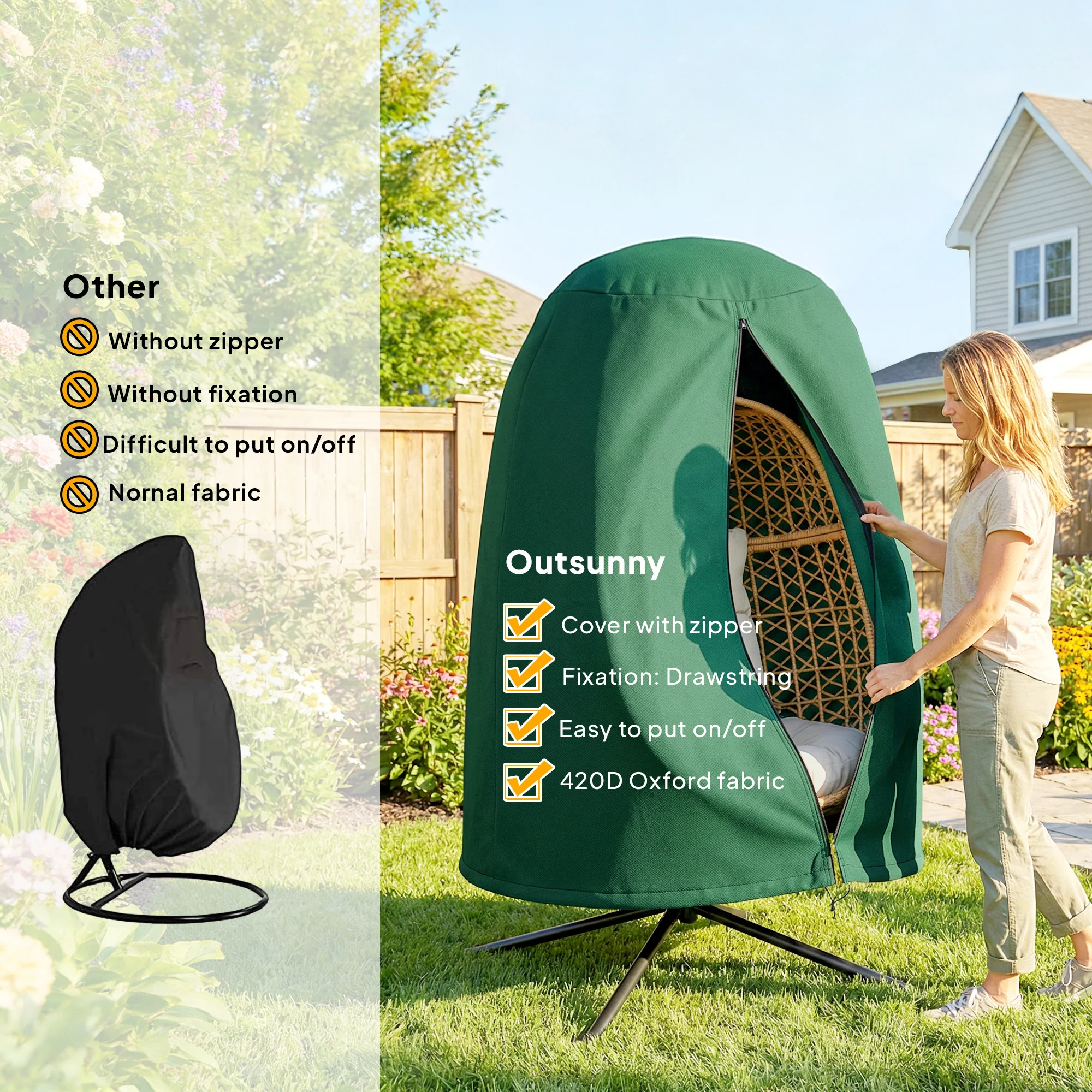 Outsunny Hanging Egg Chair Cover Garden Swing Chair Cover Waterproof, Green - Image 5