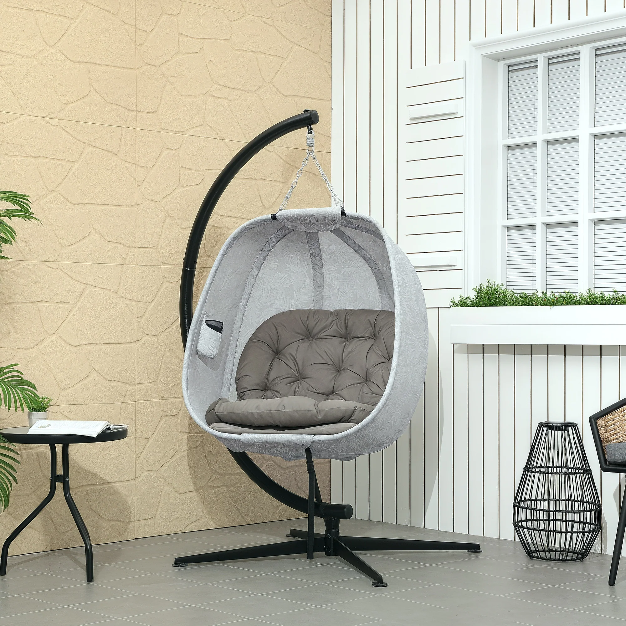 Outsunny Hanging Egg Chair Outdoor Indoor Swing Chair, Folding Basket, Sand - Image 11