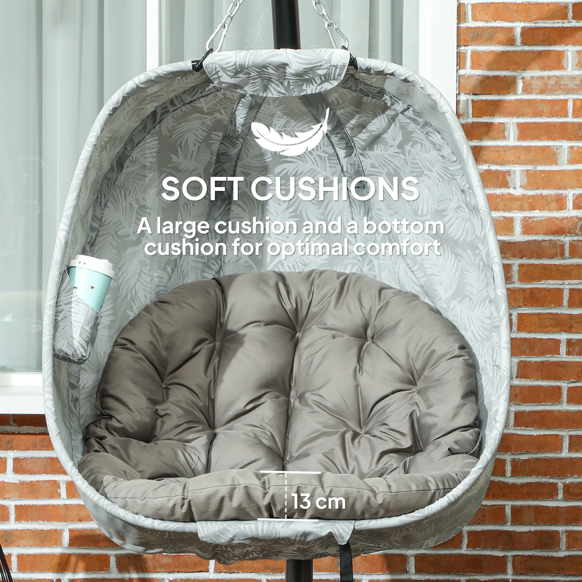 Outsunny Hanging Egg Chair Outdoor Indoor Swing Chair, Folding Basket, Sand - Image 12