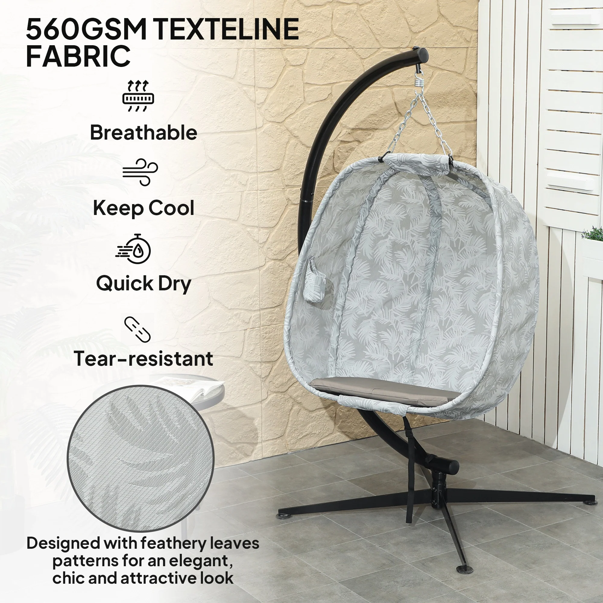 Outsunny Hanging Egg Chair Outdoor Indoor Swing Chair, Folding Basket, Sand - Image 13