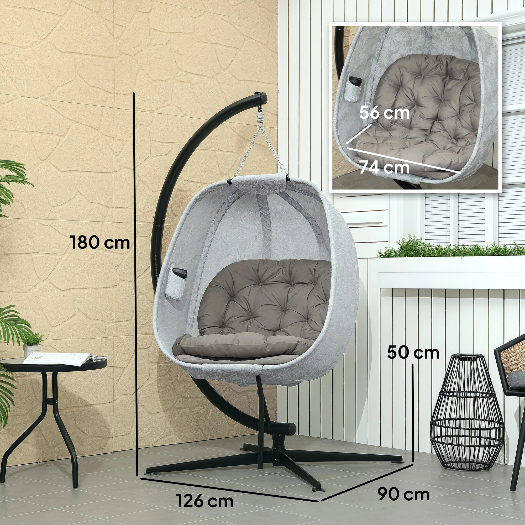 Outsunny Hanging Egg Chair Outdoor Indoor Swing Chair, Folding Basket, Sand - Image 14