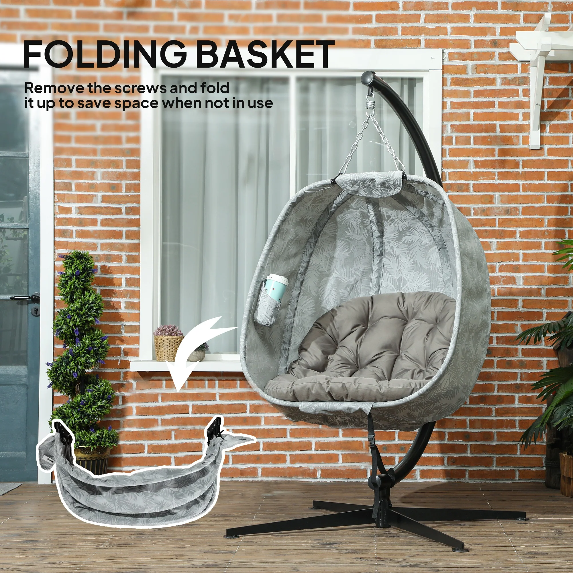 Outsunny Hanging Egg Chair Outdoor Indoor Swing Chair, Folding Basket, Sand - Image 15