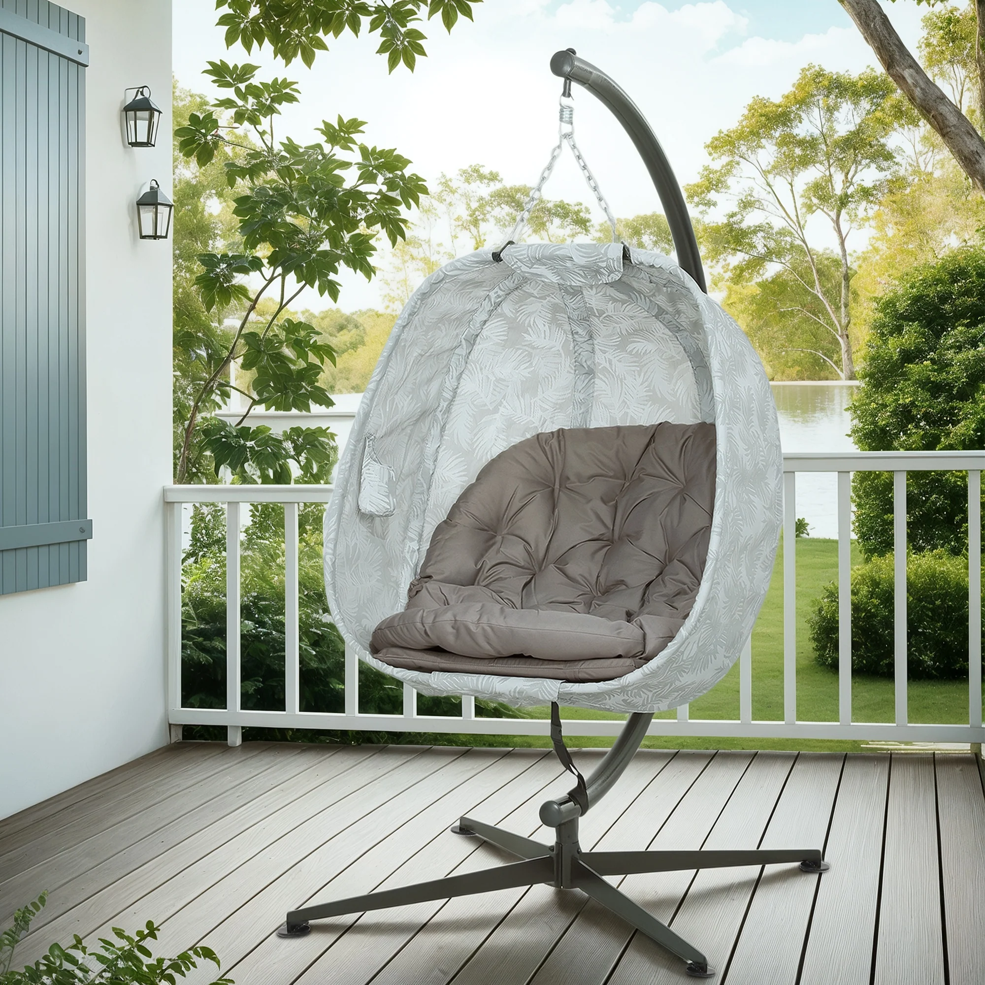 Outsunny Hanging Egg Chair Outdoor Indoor Swing Chair, Folding Basket, Sand - Image 17