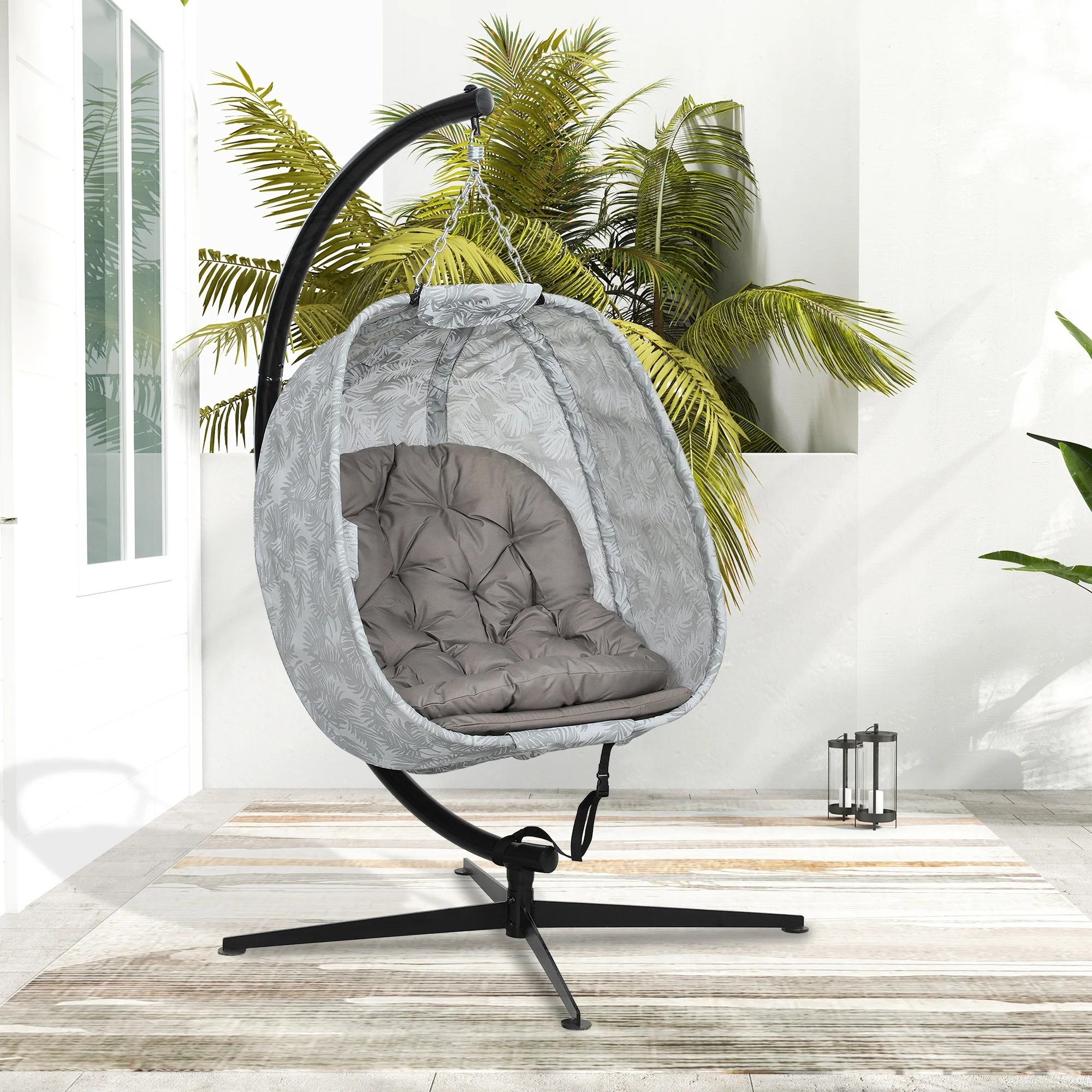 Outsunny Hanging Egg Chair Outdoor Indoor Swing Chair, Folding Basket, Sand - Image 18