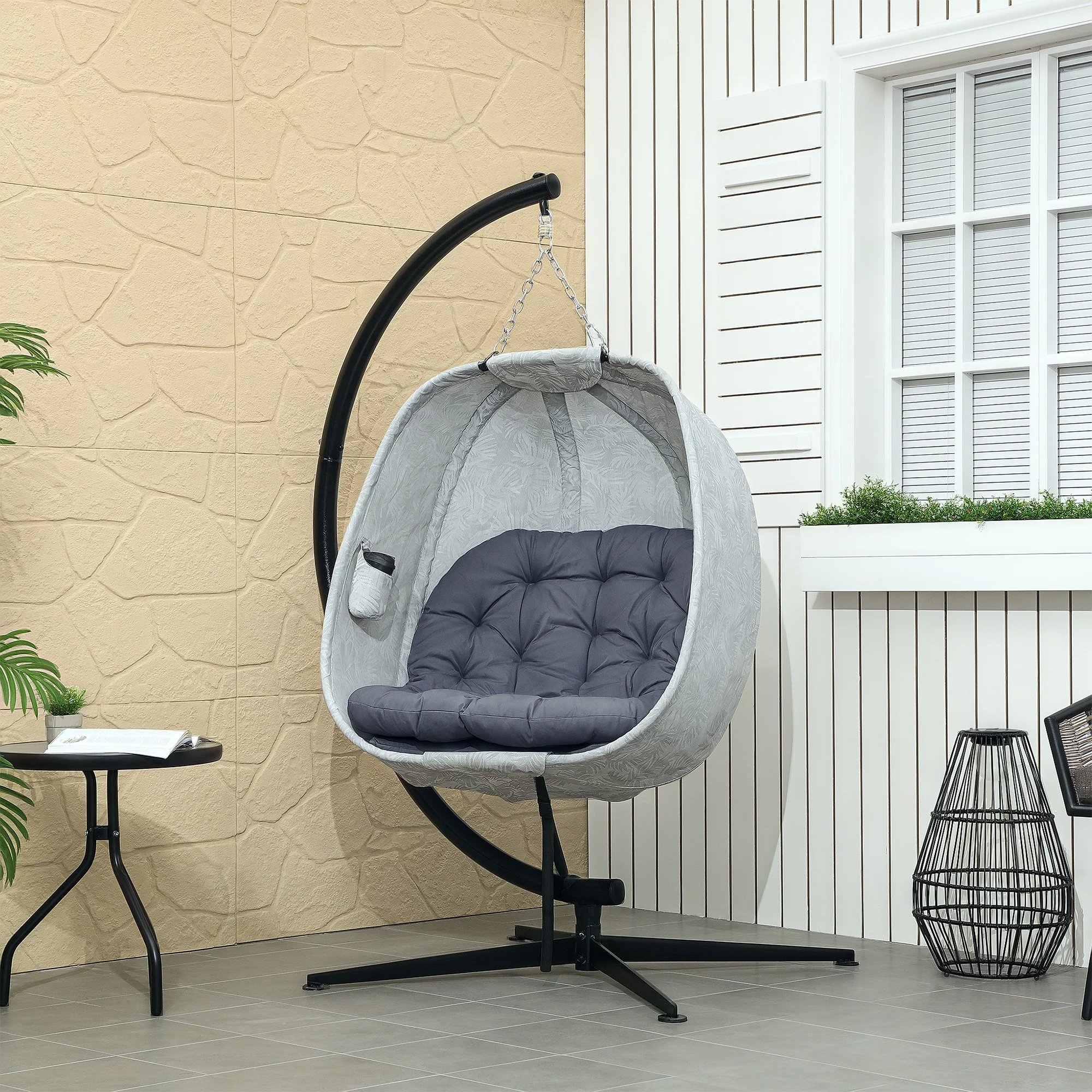 Outsunny Hanging Egg Chair Outdoor Indoor Swing Chair, Folding Basket, Sand - Image 2