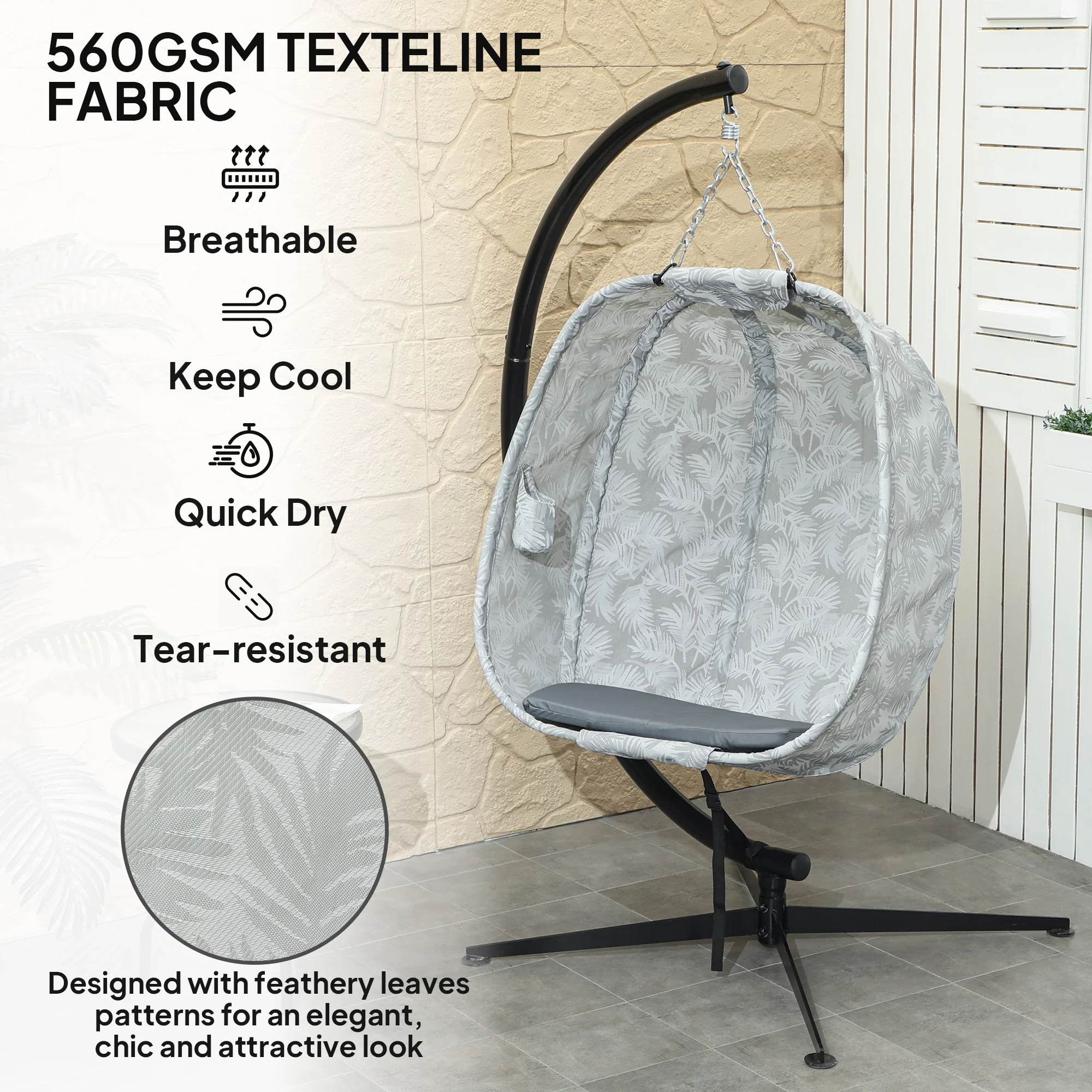 Outsunny Hanging Egg Chair Outdoor Indoor Swing Chair, Folding Basket, Sand - Image 4