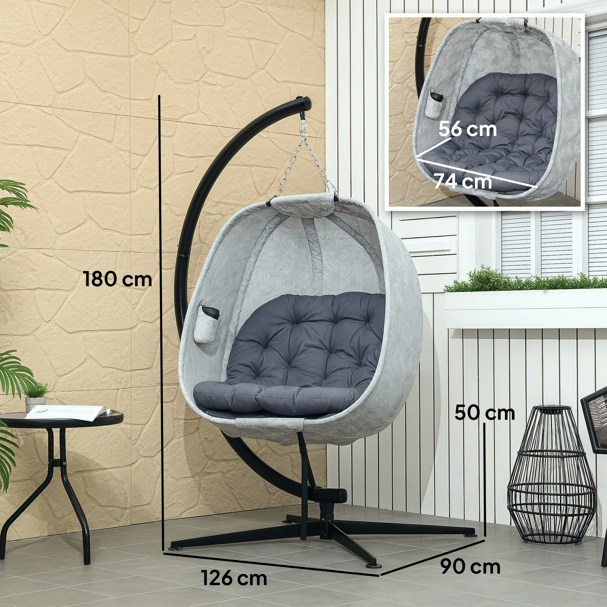 Outsunny Hanging Egg Chair Outdoor Indoor Swing Chair, Folding Basket, Sand - Image 5