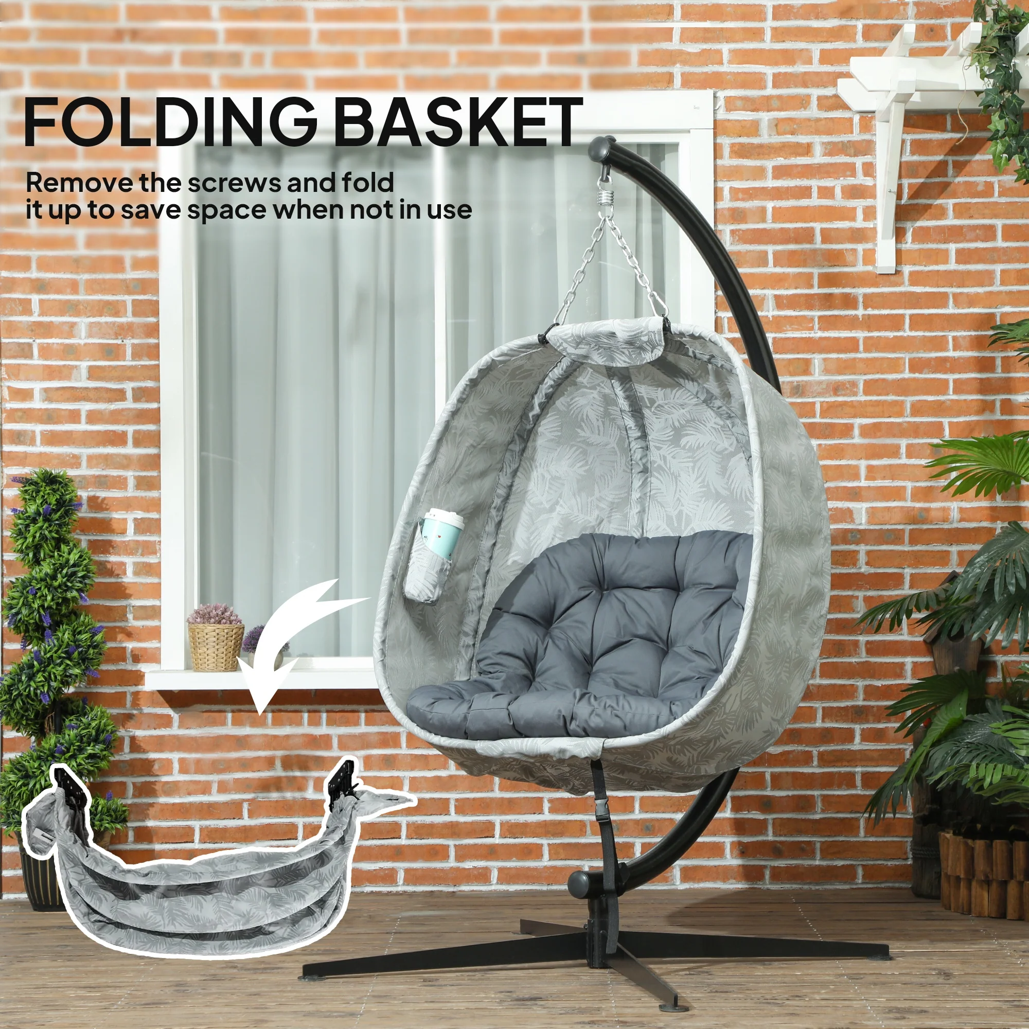 Outsunny Hanging Egg Chair Outdoor Indoor Swing Chair, Folding Basket, Sand - Image 6