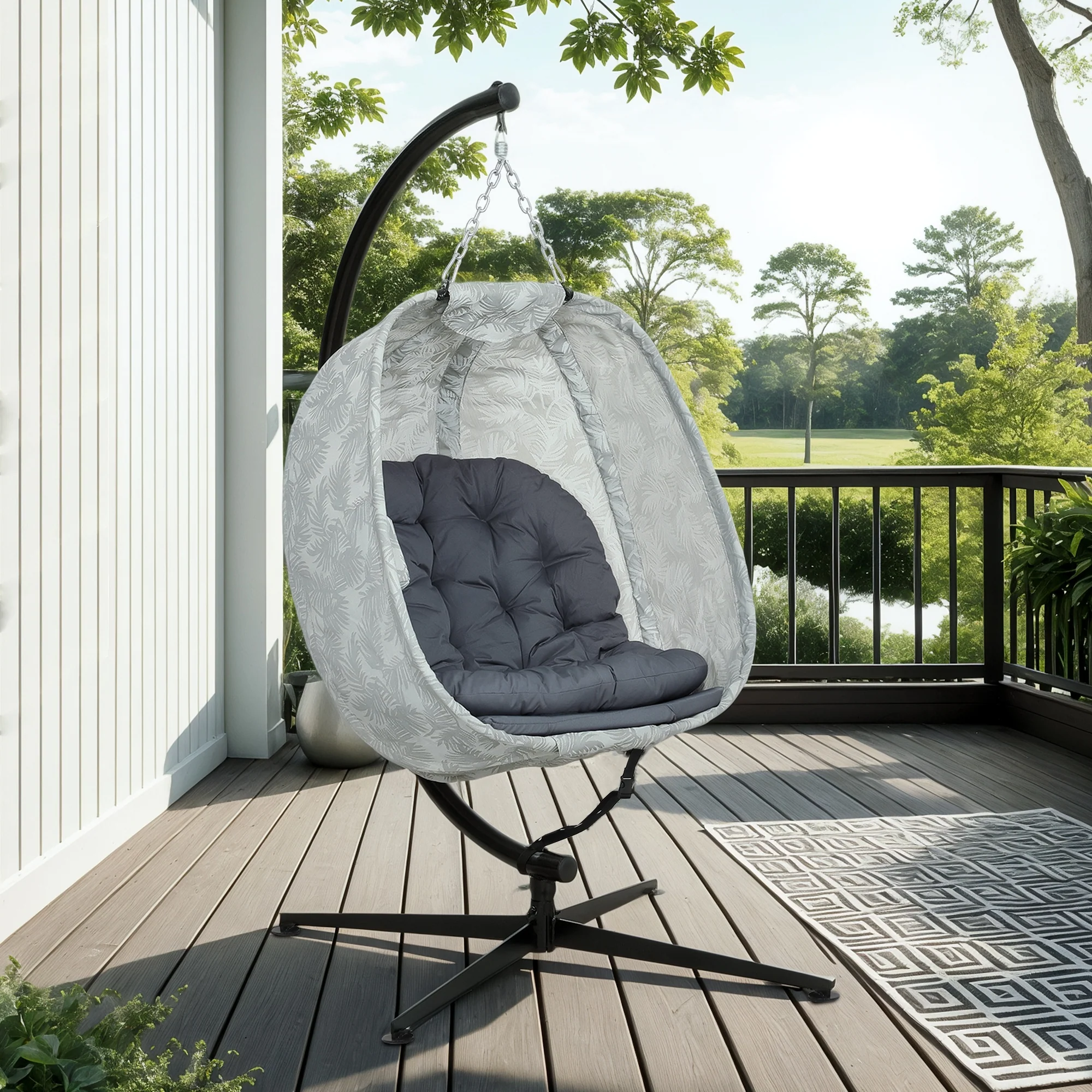Outsunny Hanging Egg Chair Outdoor Indoor Swing Chair, Folding Basket, Sand - Image 8