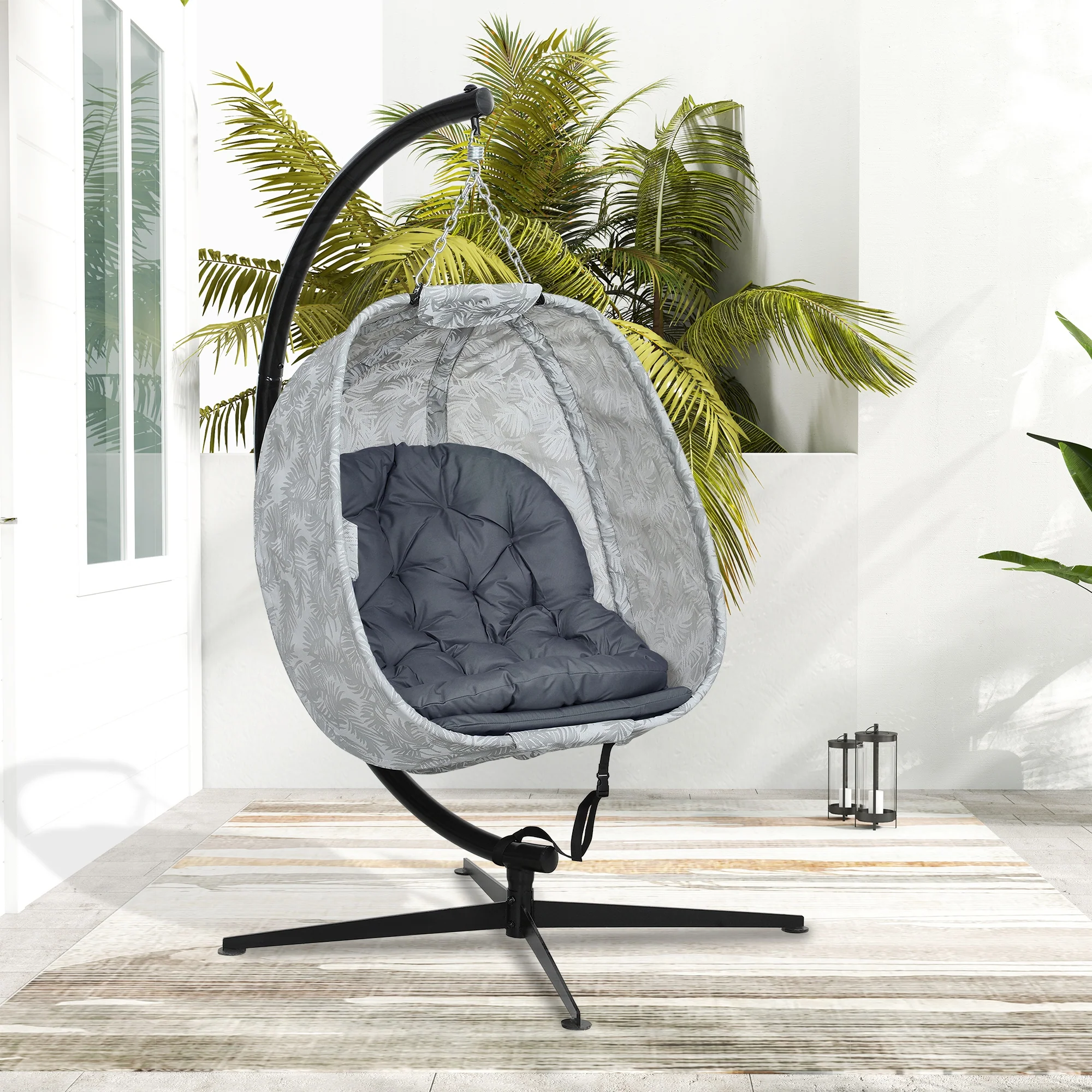 Outsunny Hanging Egg Chair Outdoor Indoor Swing Chair, Folding Basket, Sand - Image 9