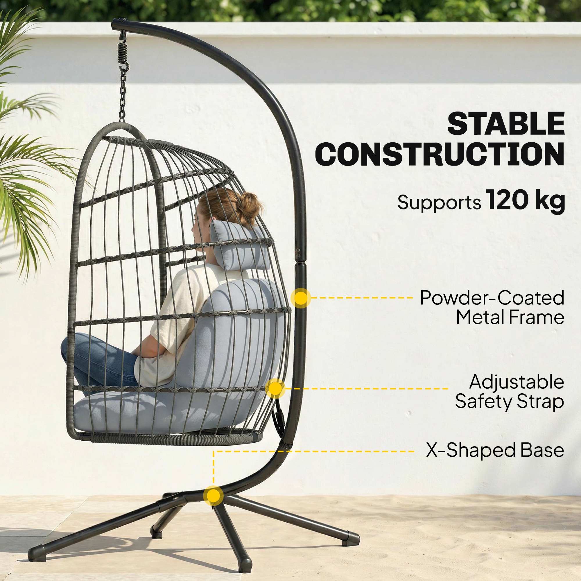Outsunny Hanging Egg Chair, Outdoor Swing Chair with Stand, Dark/Light Grey - Image 3