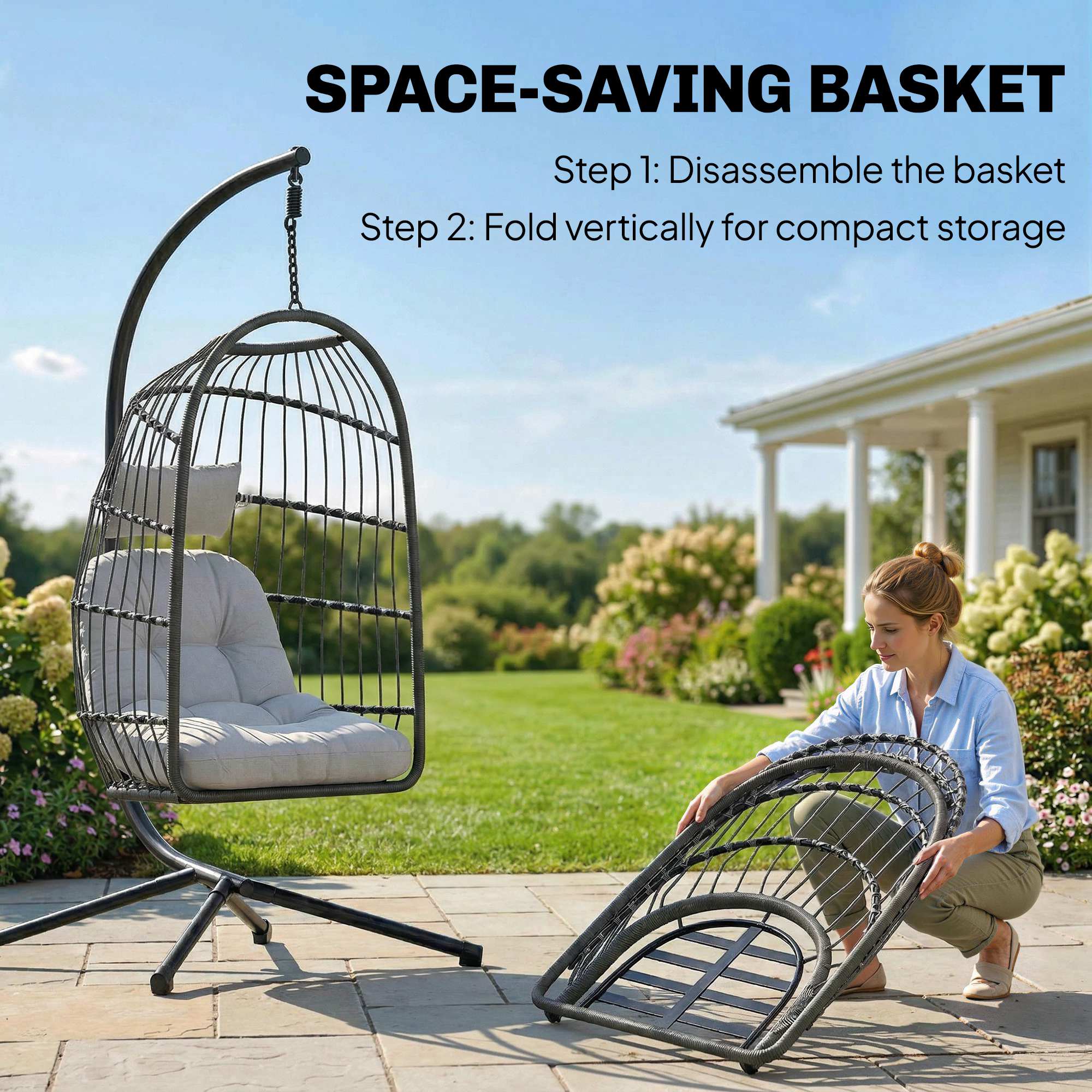 Outsunny Hanging Egg Chair, Outdoor Swing Chair with Stand, Dark/Light Grey - Image 4