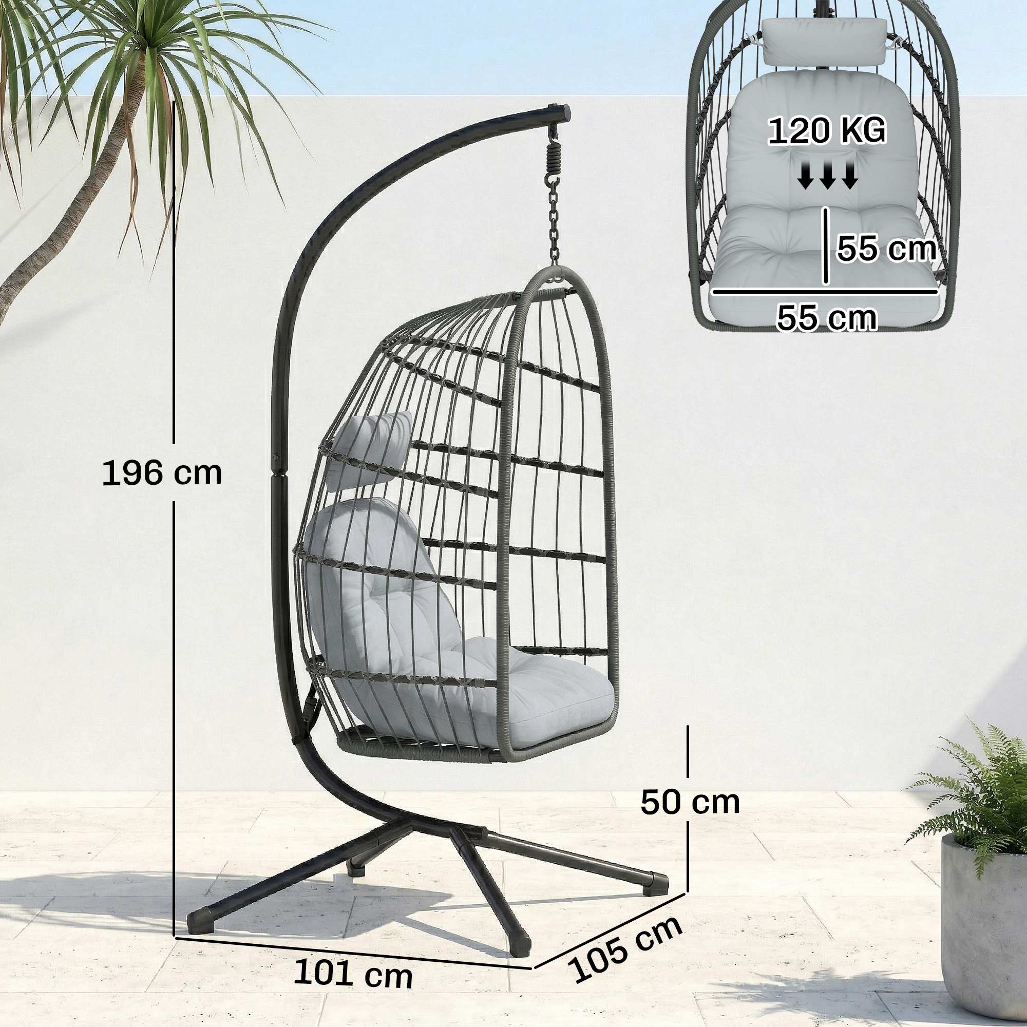 Outsunny Hanging Egg Chair, Outdoor Swing Chair with Stand, Dark/Light Grey - Image 5