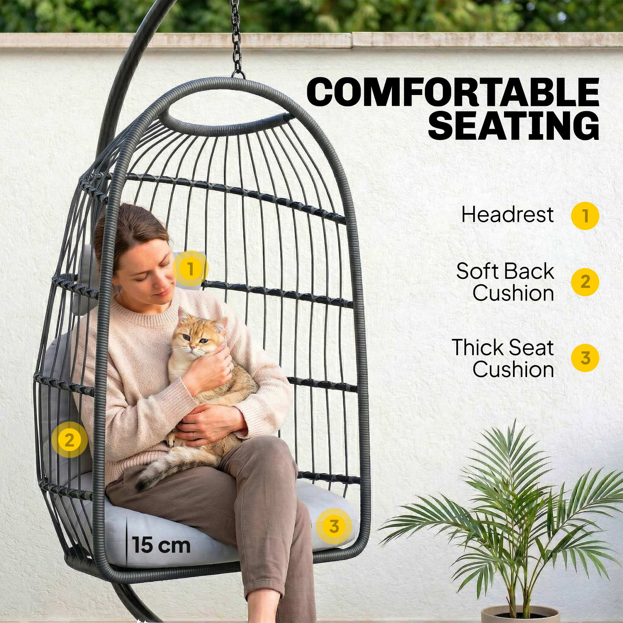 Outsunny Hanging Egg Chair, Outdoor Swing Chair with Stand, Dark/Light Grey - Image 6