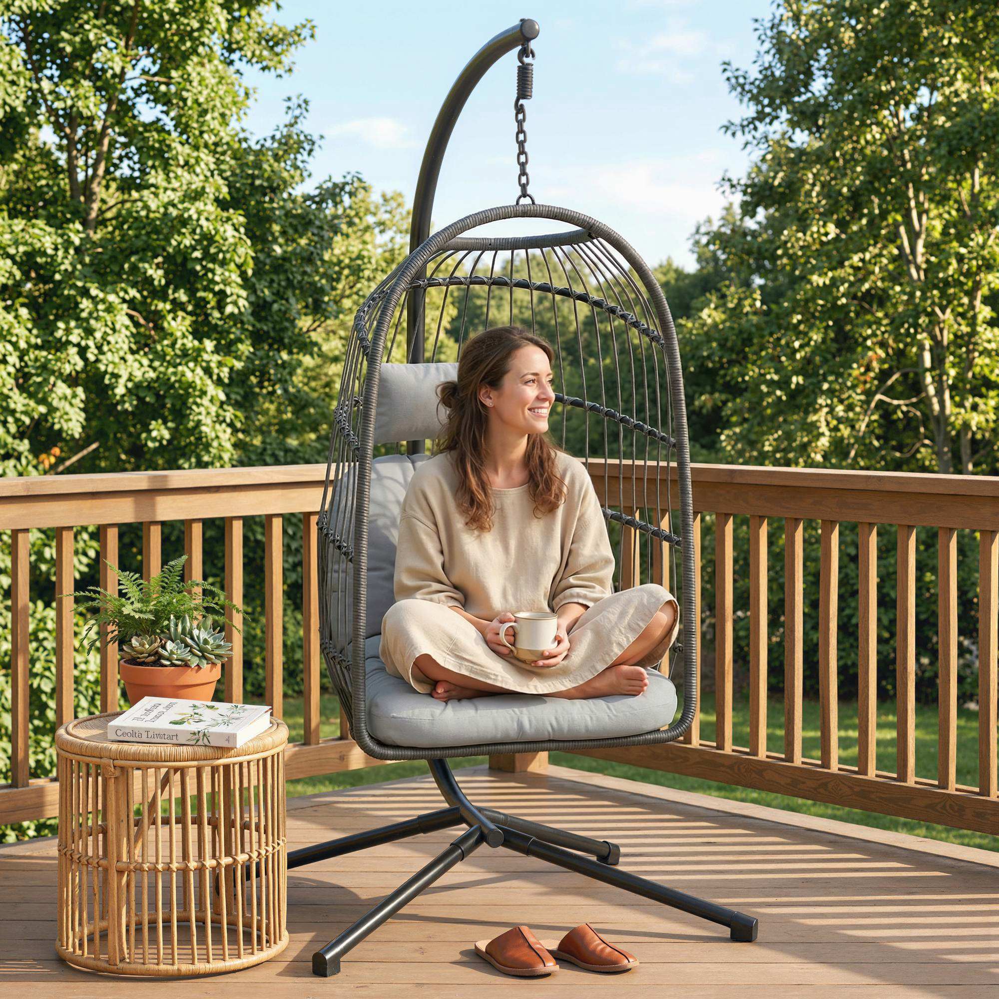 Outsunny Hanging Egg Chair, Outdoor Swing Chair with Stand, Dark/Light Grey - Image 8