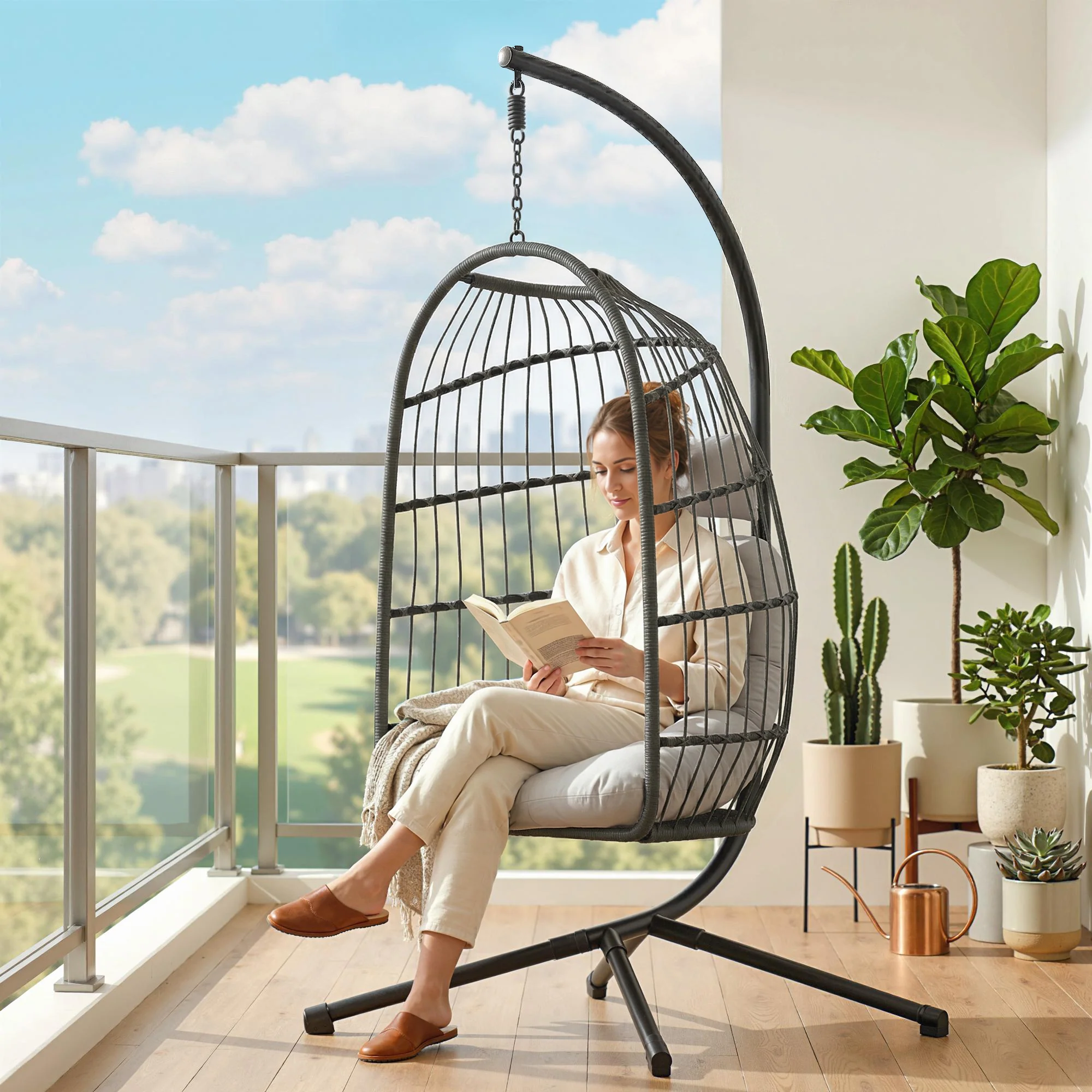 Outsunny Hanging Egg Chair, Outdoor Swing Chair with Stand, Dark/Light Grey - Image 9