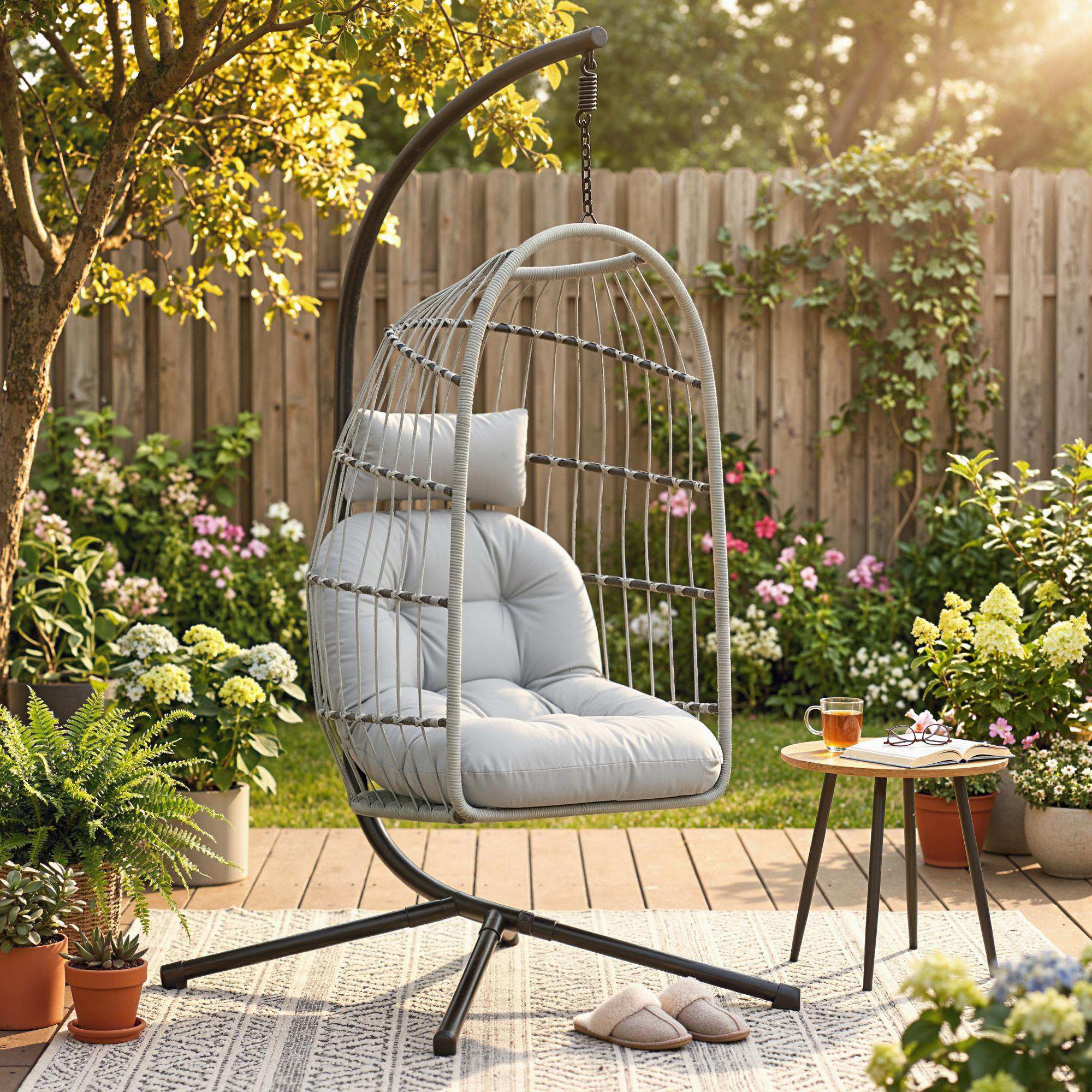 Outsunny Hanging Egg Chair, Outdoor Swing Chair with Stand, Light Grey - Image 2