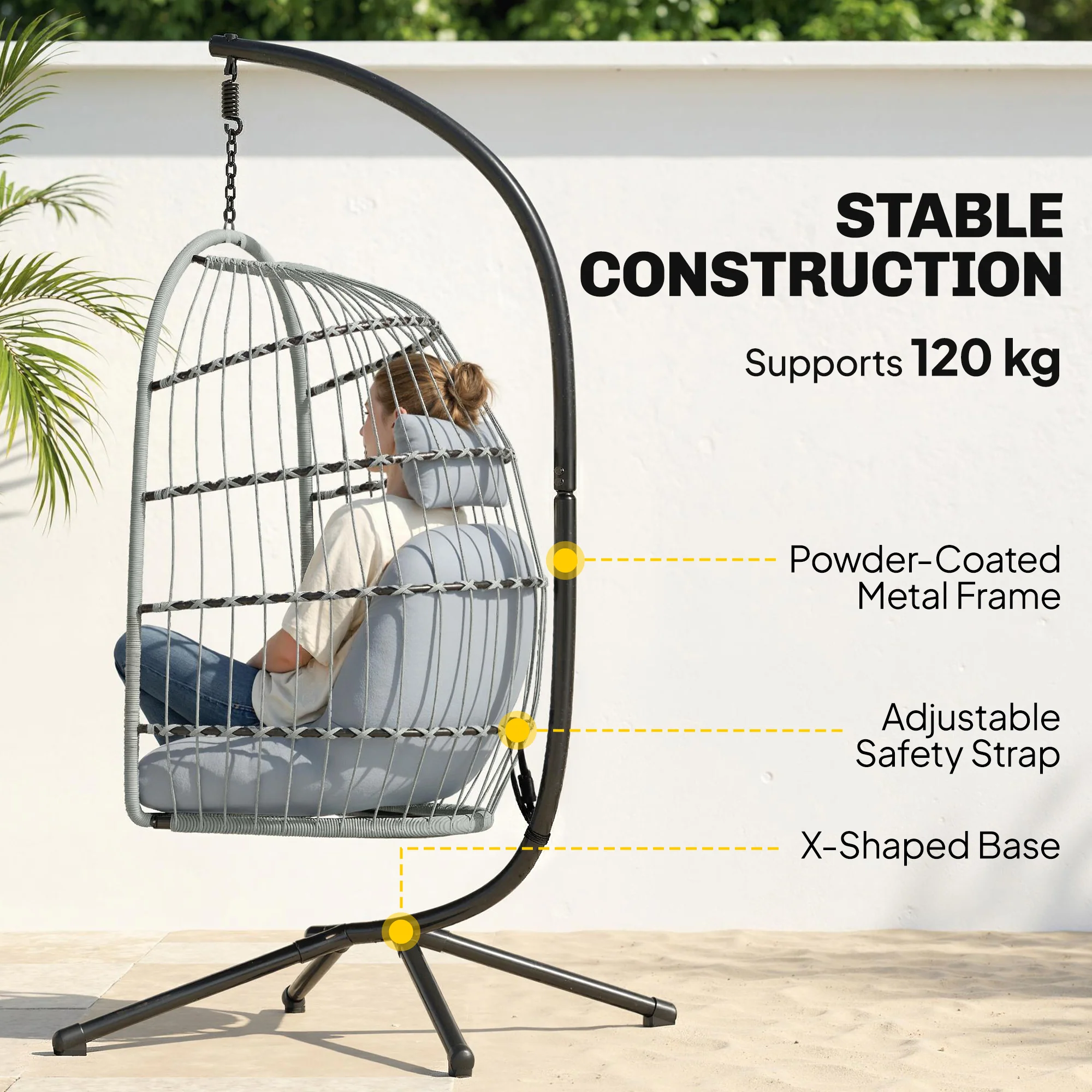 Outsunny Hanging Egg Chair, Outdoor Swing Chair with Stand, Light Grey - Image 3